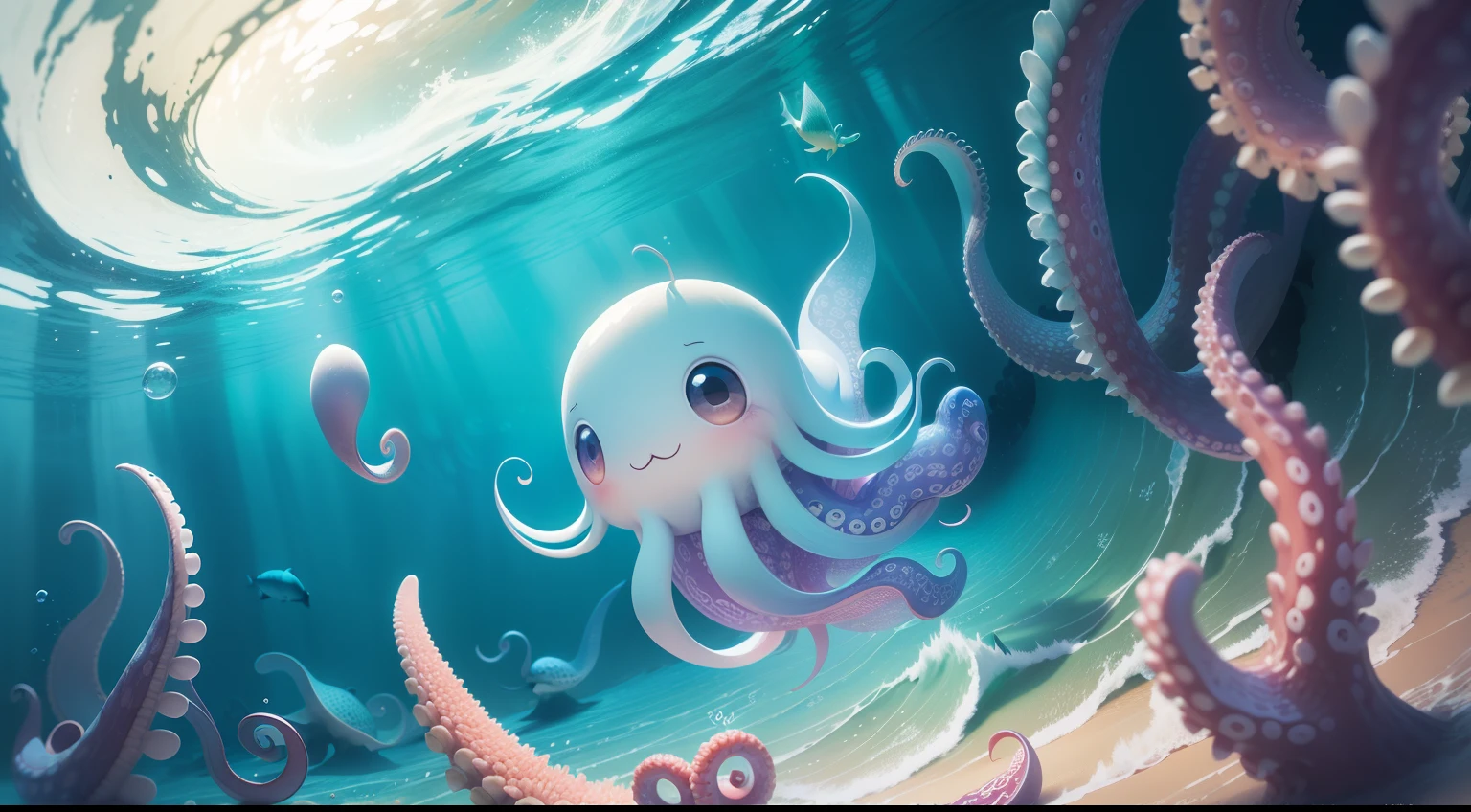 In this cartoon style illustration of sea creatures,Stable diffusion technology is used,Depicts a cute little octopus。I used pastel colors and smooth lines,Make the image of the little octopus more realistic。Additionally,I put the picture at the bottom of the sea,Use a background interwoven with dark and light blue,It makes the whole picture look very fresh and natural。I also used 8K quality,The details and texture of the entire picture are very clear,Made it feel very comfortable and natural
