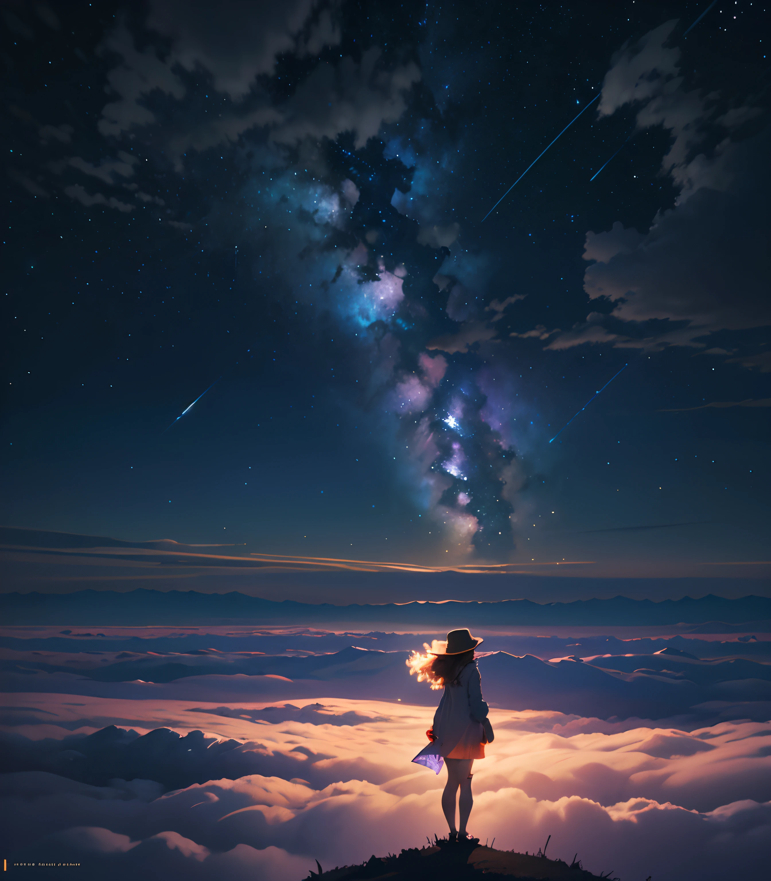 Expansive landscape photograph,(look from down,Above is the sky,Below are open fields),(Beautiful girl flying in the clouds:3),(The whole body flies in the air:2),(Wear pajamas with white floral patterns and a loose fit:2),(Saturn:1.2),(meteors:0.9),(Starcloud:1.3),Far Mountain, Tree BREAK making art,(Warm light source:1.2),(glowworm:1.2),lamp lights,Lots of purple and orange,Complicated details,Volumetric lighting BREAK(tmasterpiece:1.2),(best qualtiy),4K,ultra - detailed,(dynamic compositions:1.4),detail-rich,plethora of colors,(Irridescent color:1.2),(with light glowing,Atmospheric lighting),dream magical,magical,(独奏:1.2)