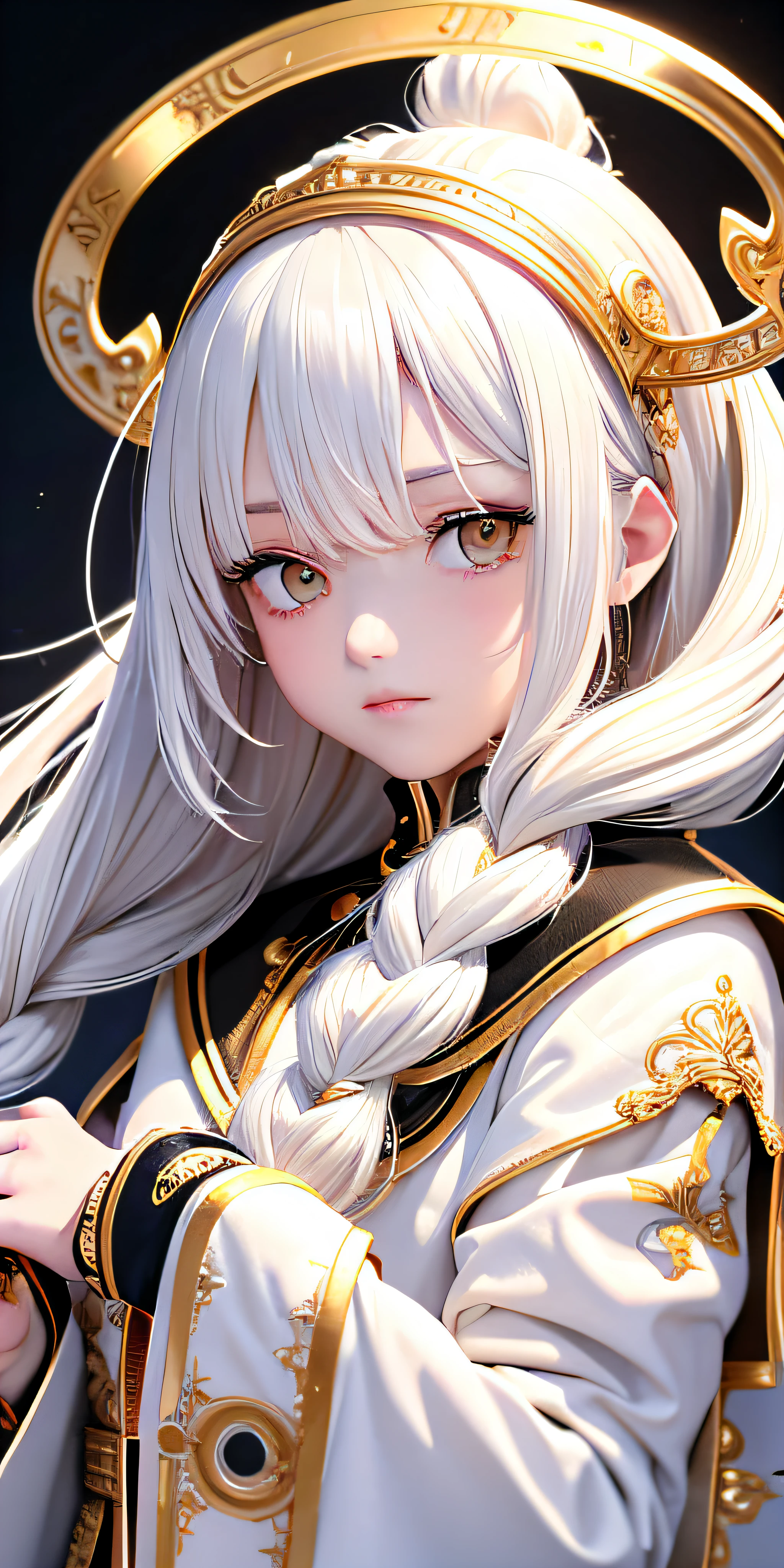 Need,tmasterpiece,whaite hair,Golden eyes,Manteau blanc,Look up,The upper part of the body,Hairline,Fair skin,SideBraid,ancient wind,Blindfolding,Fairy air fluttering