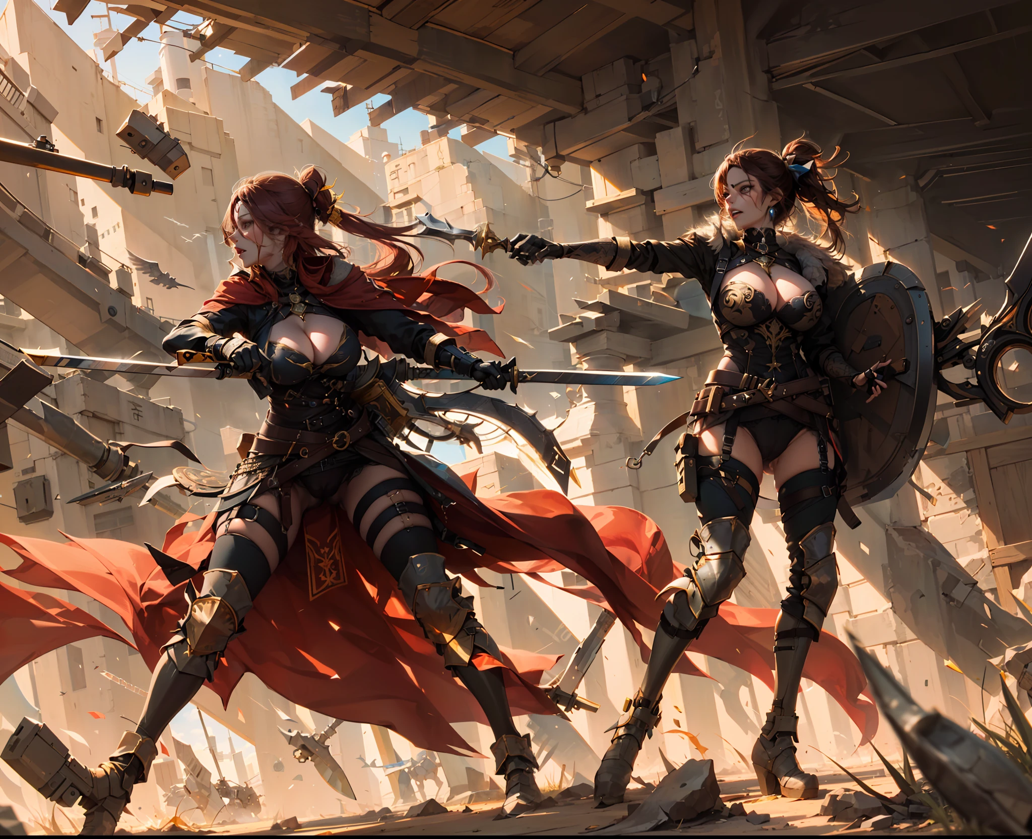 dos sexys mujeres luchando, sosteniendo una espada, espada, arma, sosteniendo un arma, Cameltoe muy marcado, cuerpo sexy,(( pecho enorme, Gran escote muy marcado))