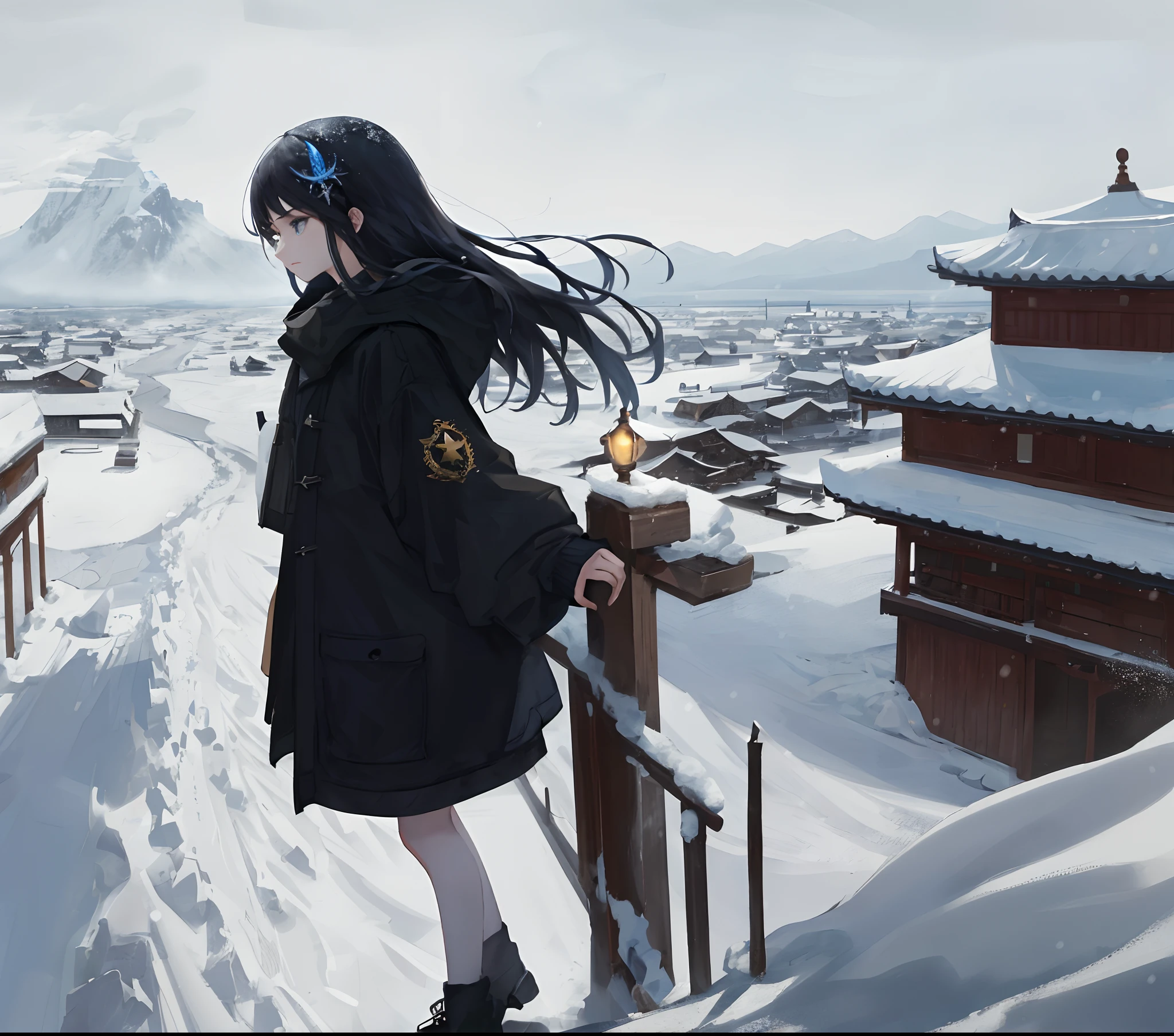 girl with black hair and half long hair,Wear a delicate black and gold star hair ornament,scowling,Ultra-detailed and delicate face,Ocean blue eyes。The background is an ancient street where it is snowing。The girl looked sideways at the snowy mountains in the distance。unreal render,reasonable design,best qualtiy,illustratio。The background and characters each make up half of the frame。