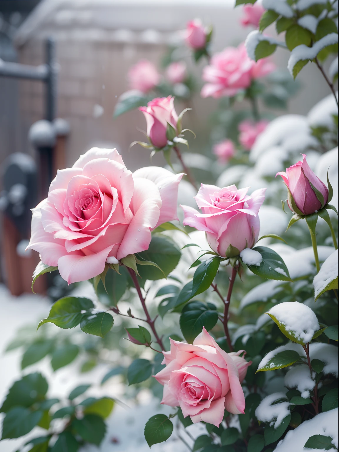 Pink roses grow on the bushes, Leaves and petals are covered with dust and snow,Shot with Canon 35mm lens, photo of a rose, taken with a pentax k1000, Shot with Pentax 1000, Two 5-mm ports, Shot at Kodak Portra, Rose Twinings, Pink Rose, 35mm shot