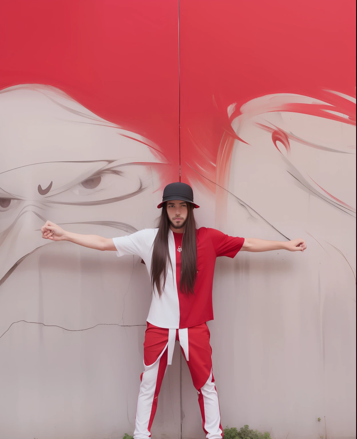 men wearing hats, long hair, shirts and red and white pants
