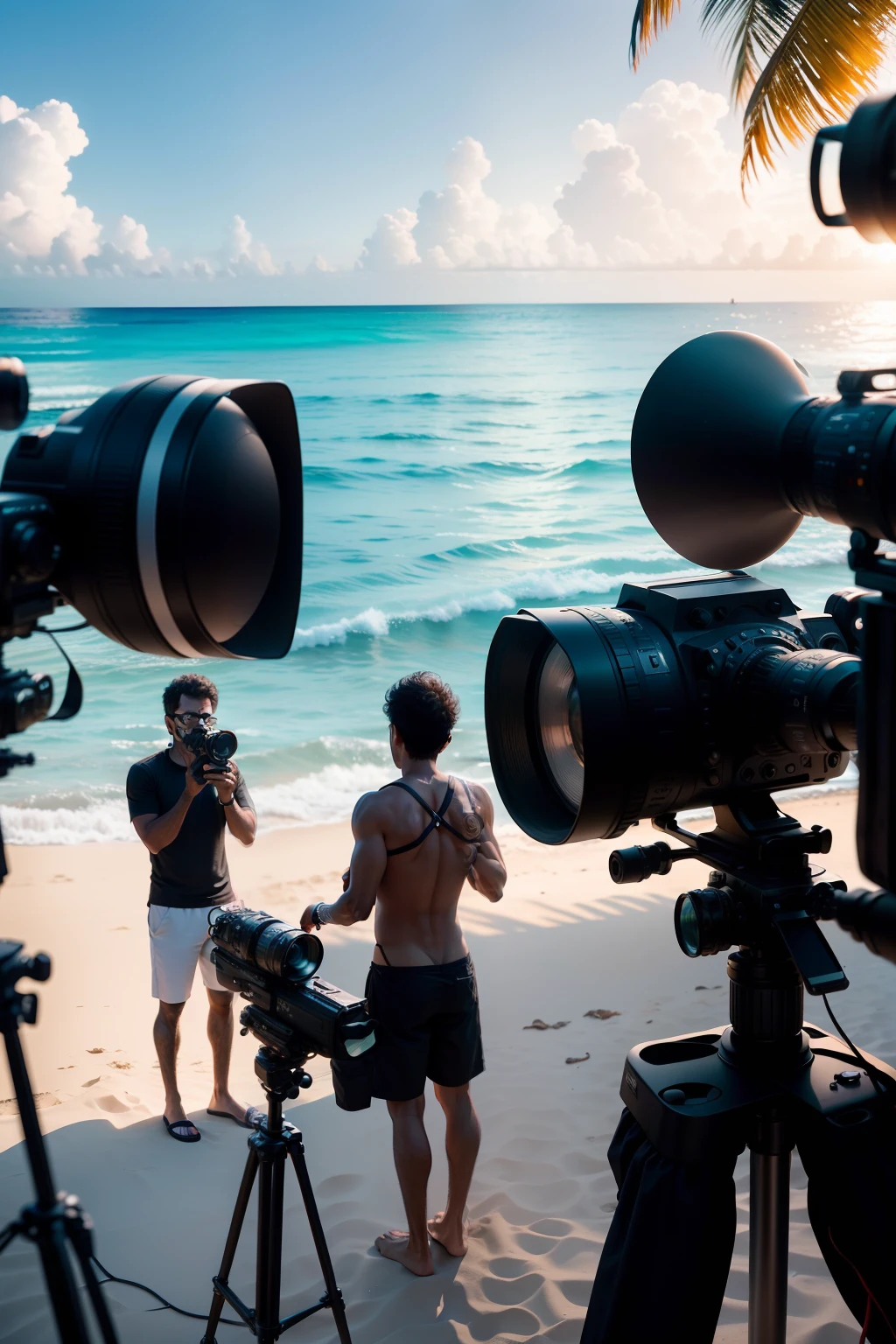 arafed people on Maldives beach with a camera and a camera crew, making of, film shooting, beach setting medium shot, tv production, in a beachfront environment, tropical location, tv commercial, behind the scenes, on location, shot on arri alexa, photoshoot, music video, commercial shot, movie set, production still, behind the scenes photo