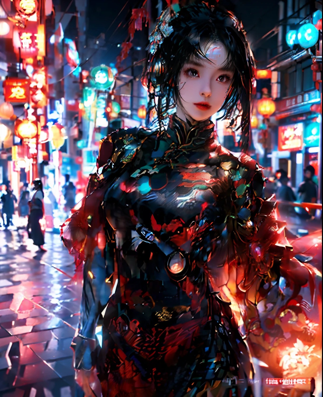 1 girl, Chinese_clothes, cyberhanf, cyberpunk city, tiara, hair accessories, super detailed, beautiful studio soft light, dramatic lighting, vibrant details, luxurious cyberpunk, complex background, octane rendering, 8k, best quality, masterpiece, illustration, extremely refined and beautiful, very detailed, CG, wallpaper, (realistic, Photorealistic (1.37), stunning, fine detail, masterpiece, best quality, official art, (evening: 1.5), dark theme, dynamic angles, dynamic pose, cowboy shot, 1 girl, solo, detailed face, detailed eyes, looking at the audience, rouge \ (makeup\), full lips, red lips, red eyes, (long hair: 1.3), upper body, (standing), (cyberhanf: 1.2), cheongsam, futobot, robot, chinatown, street, empty, cyberpunk, paper lantern, neon sign,