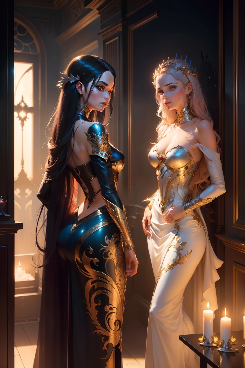 Arafed woman in dress looking in mirror with candle, karol bak and peter mohrbacher, magali villeneuve', karol bak uhd, realistic fantasy illustration, artwork in the style of guweiz, charlie bowater character art, neoartcore and charlie bowater, graphic artist magali villeneuve, charlie bowater art style