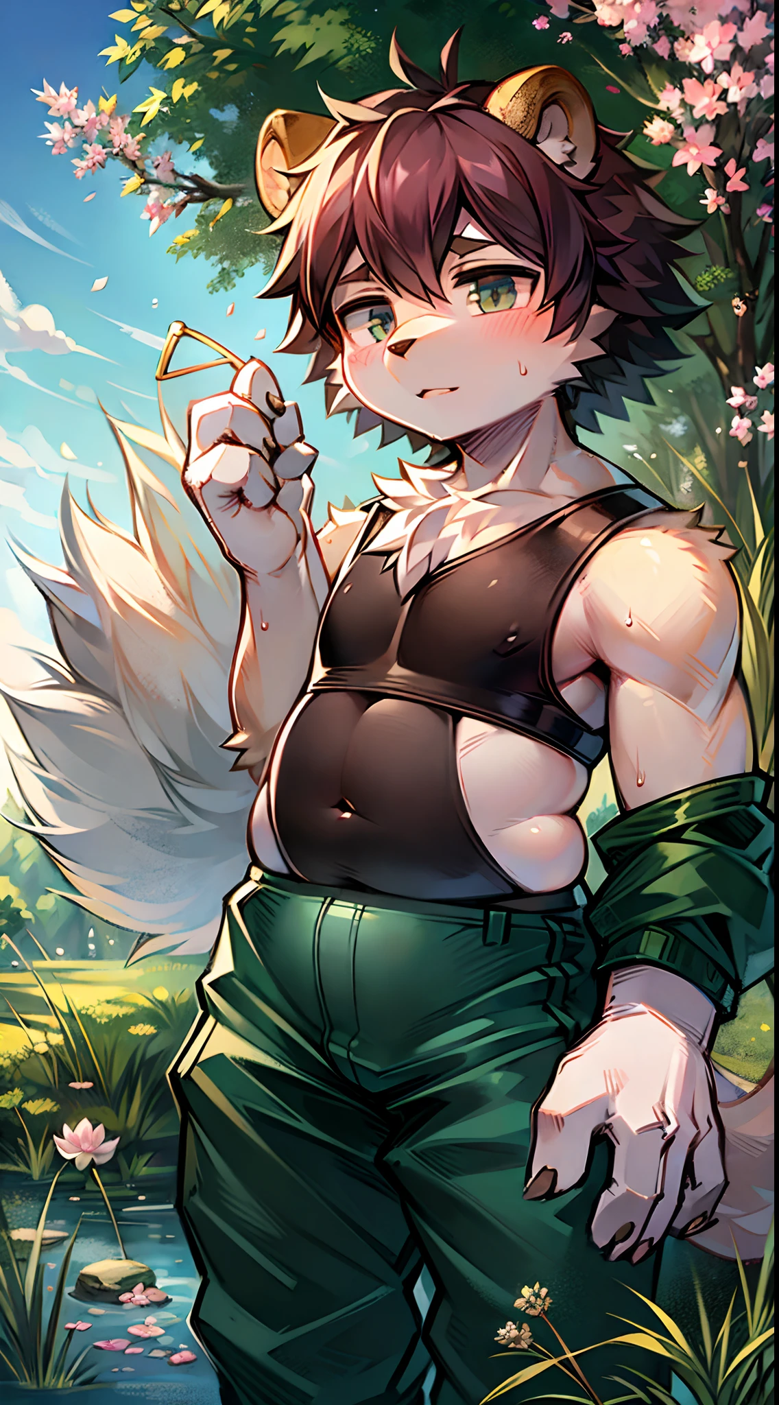 tmasterpiece， High-quality portraits，(Bright environment:0.8), wet lands, baiyun, phragmites, lotus flower, Water purification, blossoms, bushi, moss, dragonfly, Leaf umbrella, 废墟, shaggy male, White Bear Boy, Shota, Beast type, Slightly chubby figure, nipple tops, shorter pants, short detailed hair, Bear ears, Ultra-detailed fur, Detailed eyes, Puppet Focus, in a panoramic view