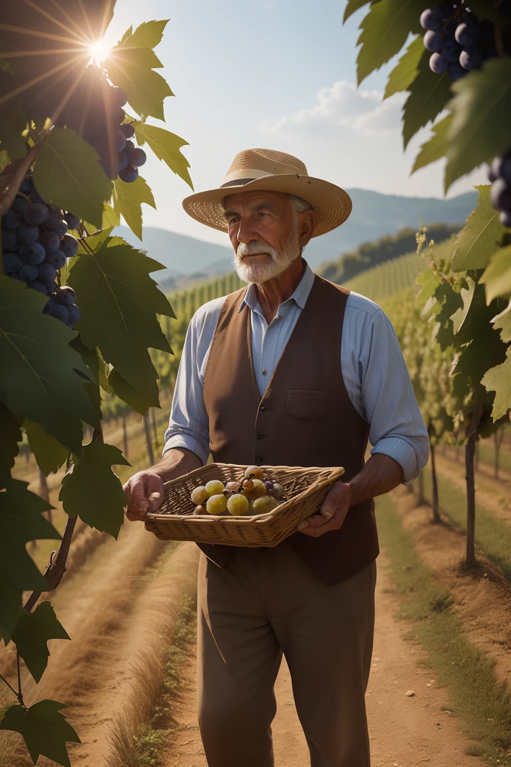 Date: 1943
Country: Italy
Description: In a sunlit Tuscan vineyard, a farmer with weathered hands harvests grapes, his connection to the land echoing generations of Italian tradition.