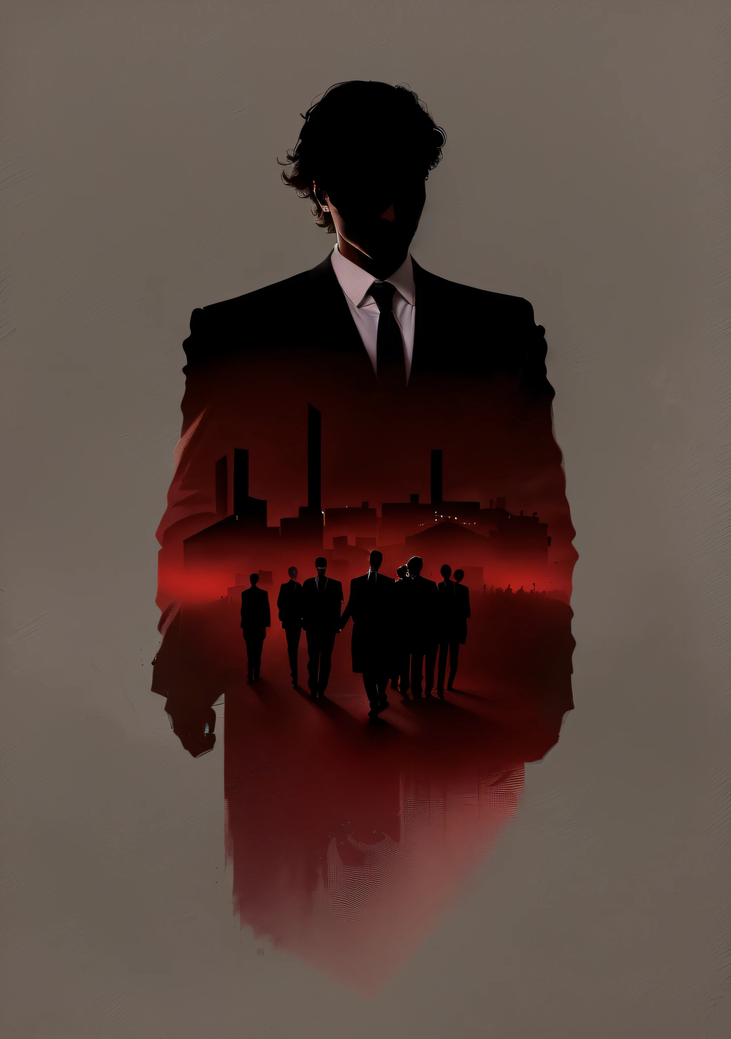 Overall blue tones，Image of a professional man in a suit, The form of a silhouette，The main body is divided into 6 people，Different color combinations are available， movie illustration