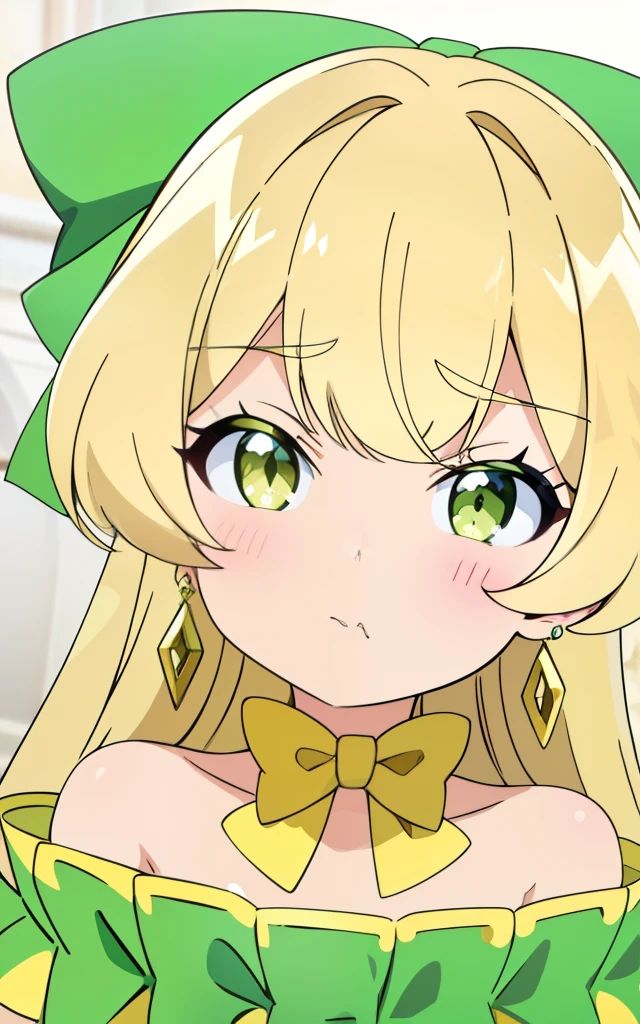teles, (masterpiece), best quality, earrings, jewelry, blonde hair, long hair, green eyes, 1girl, looking at viewer, closed mouth, bow, solo, bare shoulders, bangs, yellow bow, green dress, upper body, petite, blush, pout, closed mouth, portrait