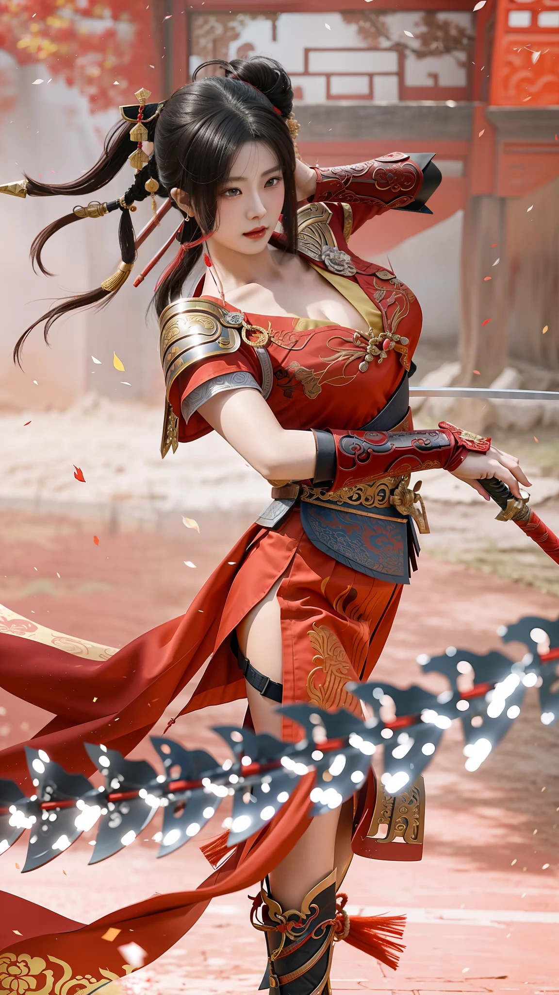 a close up of a woman in a red dress with a sword, a beautiful woman warrior, inspired by Du Qiong, kunoichi, full-body wuxia, 3D, CGI anime fantasy artwork, beautiful female warrior, Chinese Warrior, inspired by Ju Lian, Inspired by Lan Ying, by Yang J, inspired by Li Mei-shu,Raised sexy,Bigchest