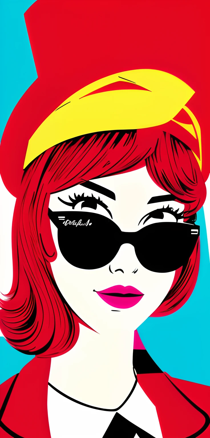 Color illustration of a woman wearing a red hat and sunglasses, Vintage illustration, in style of digital illustration, Colorful illustration, 1960s illustration, 1950s illustration style, in style of pop - art, Pop - Art style, Vector art illustration, retro style art, Colorful illustrations, Vintage 6 0 s stylish, 6 0 s style