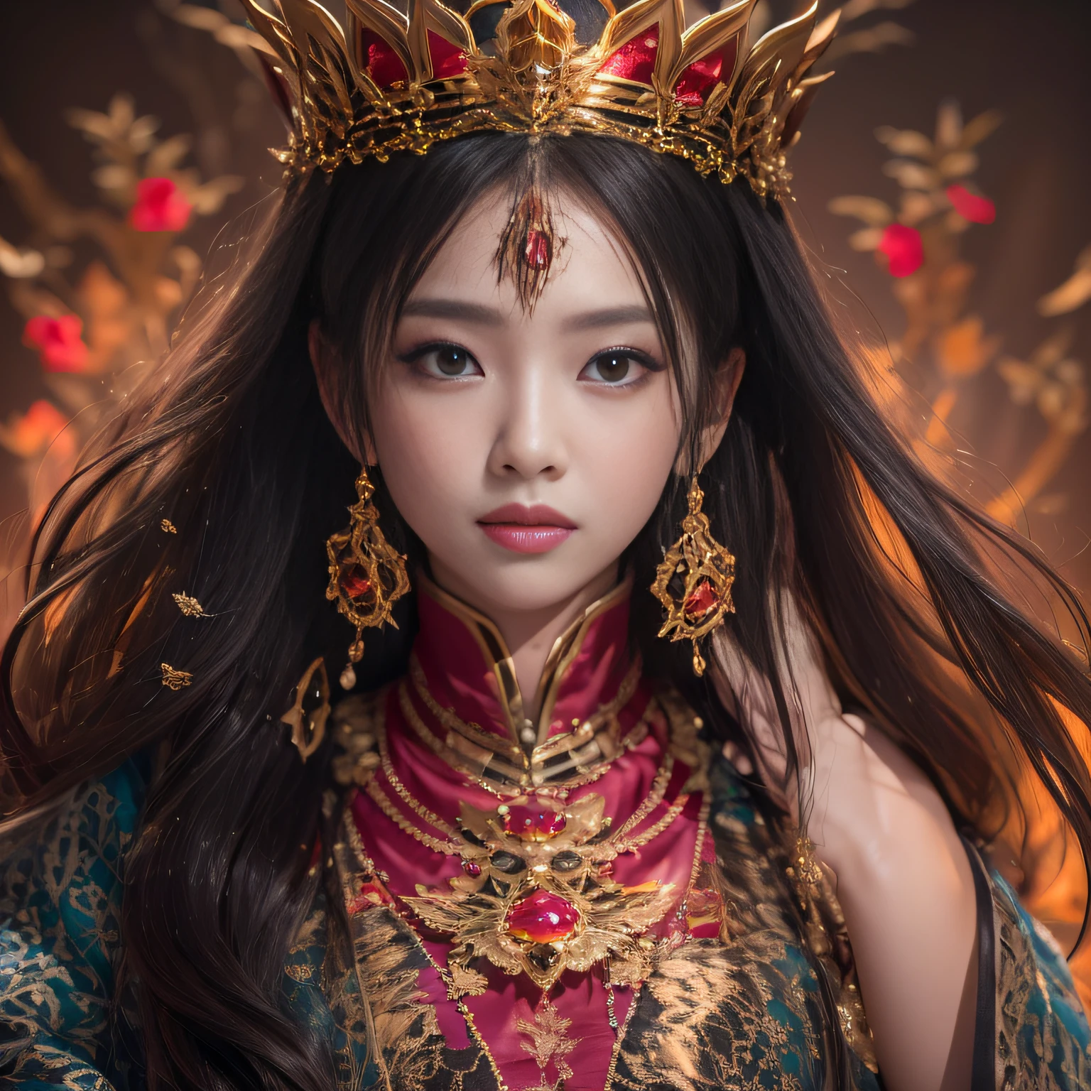 32K(tmasterpiece,k hd,hyper HD,32K)Realistic young gravure idol,Long flowing black hair,Gold-scattered jewelry area in the back room,Female king ,Mantis Protector (realisticlying:1.4),Red robe with flame pattern,Purple-pink tiara,The petals flutter,The background is pure,Hold your head high,Be proud,The nostrils look at people, A high resolution, the detail, RAW photogr, Sharp Re, Nikon D850 Film Stock Photo by Jefferies Lee 4 Kodak Portra 400 Camera F1.6 shots, Rich colors, ultra-realistic vivid textures, Dramatic lighting, Unreal Engine Art Station Trend, cinestir 800,Hold your head high,Be proud,The nostrils look at people