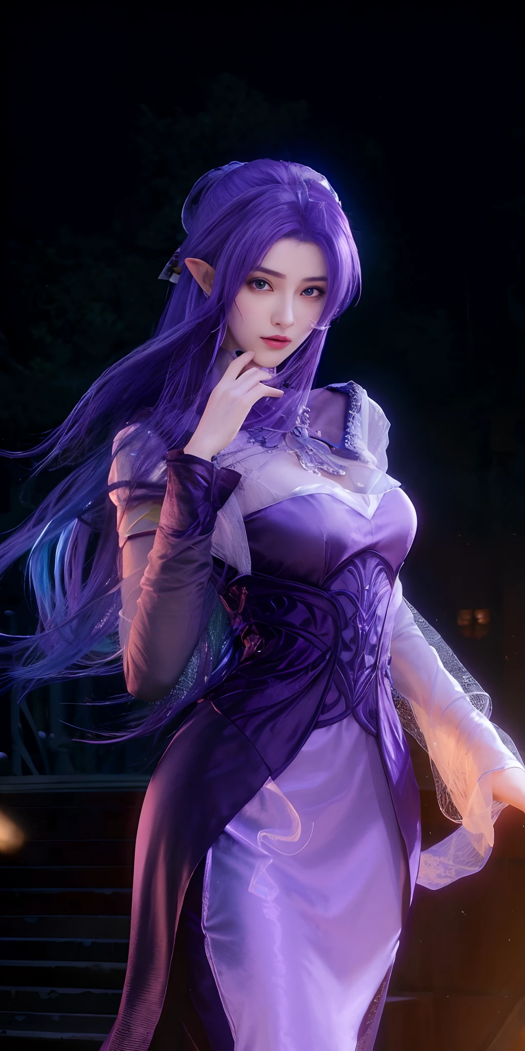 An Arad woman in a purple dress stands on the stairs, Game CG, beautiful elf with violet skin, photorealistic anime girl rendering, full-body xianxia, Zhang Jingna, cyarine, Portrait Chevaliers du Zodiaque Fille, Tifa Lockhart with white hair, deayami kojima, alluring elf princess knight, portrait ninja gaiden girl, purple flowing hair