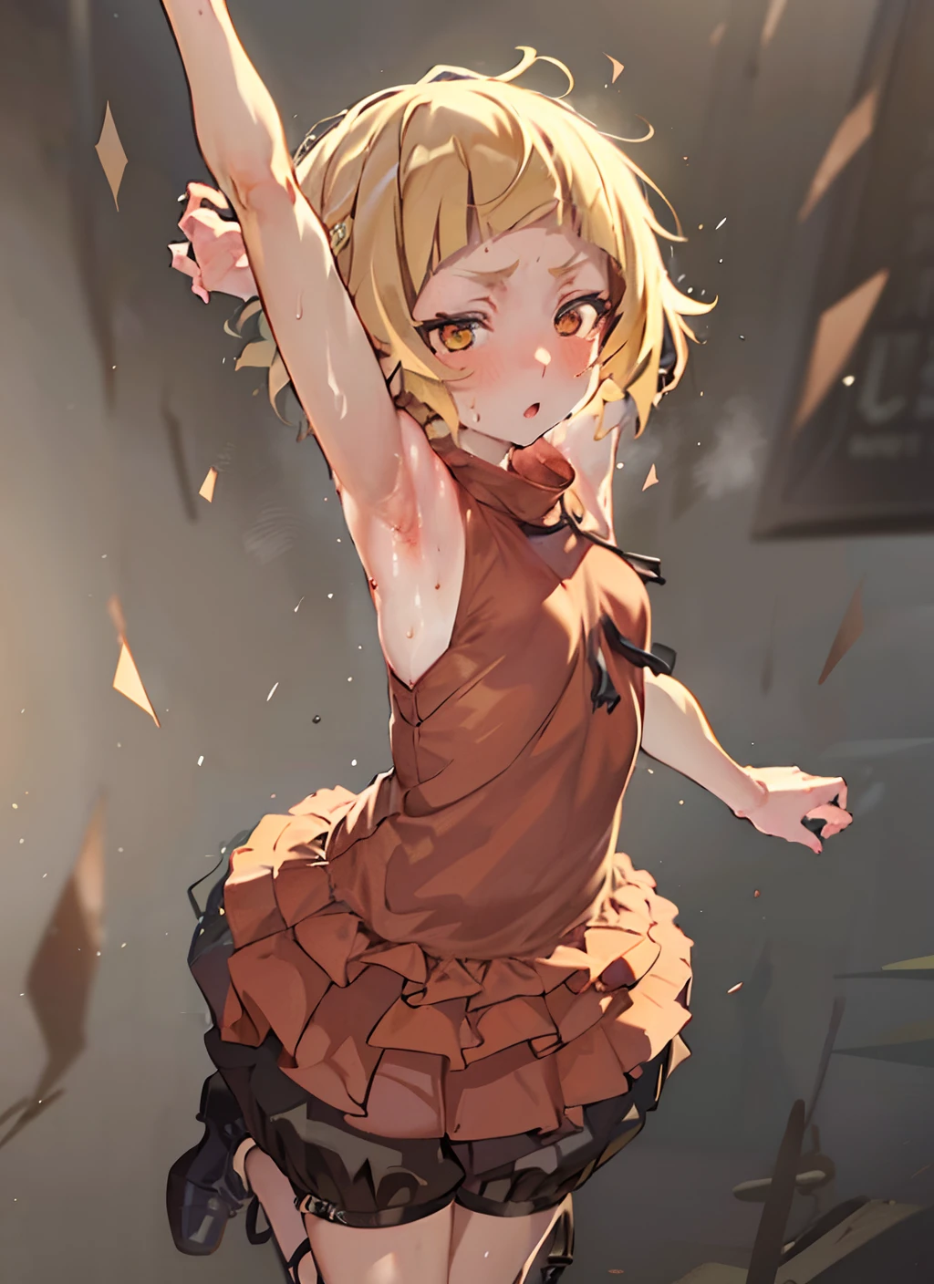 high-detailed, 1 girl, full body, shinobuLo, ((presenting armpit, arm up, sweating armpit, opened clothes))