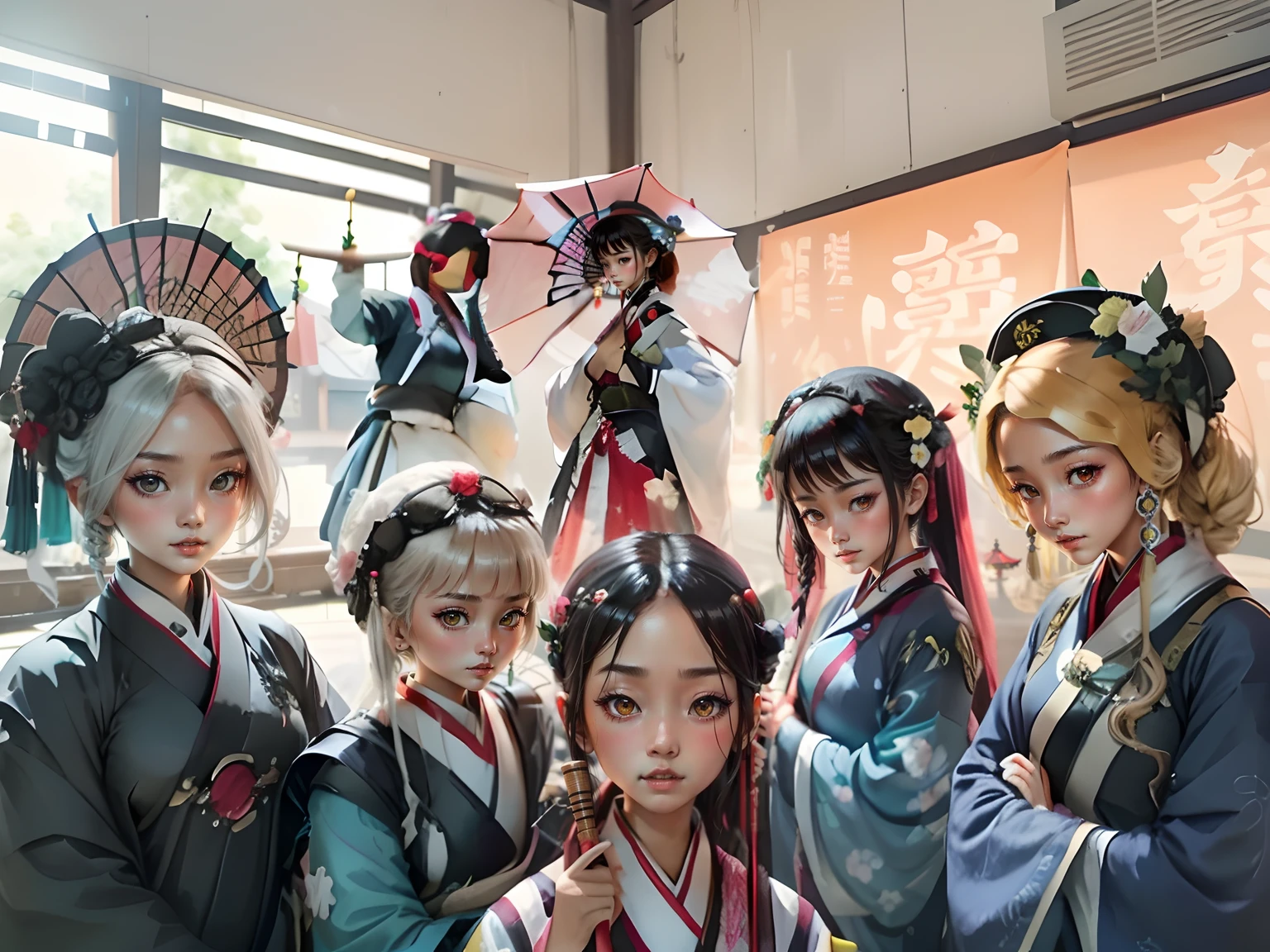 6 girls,Hanfu,Umbrella