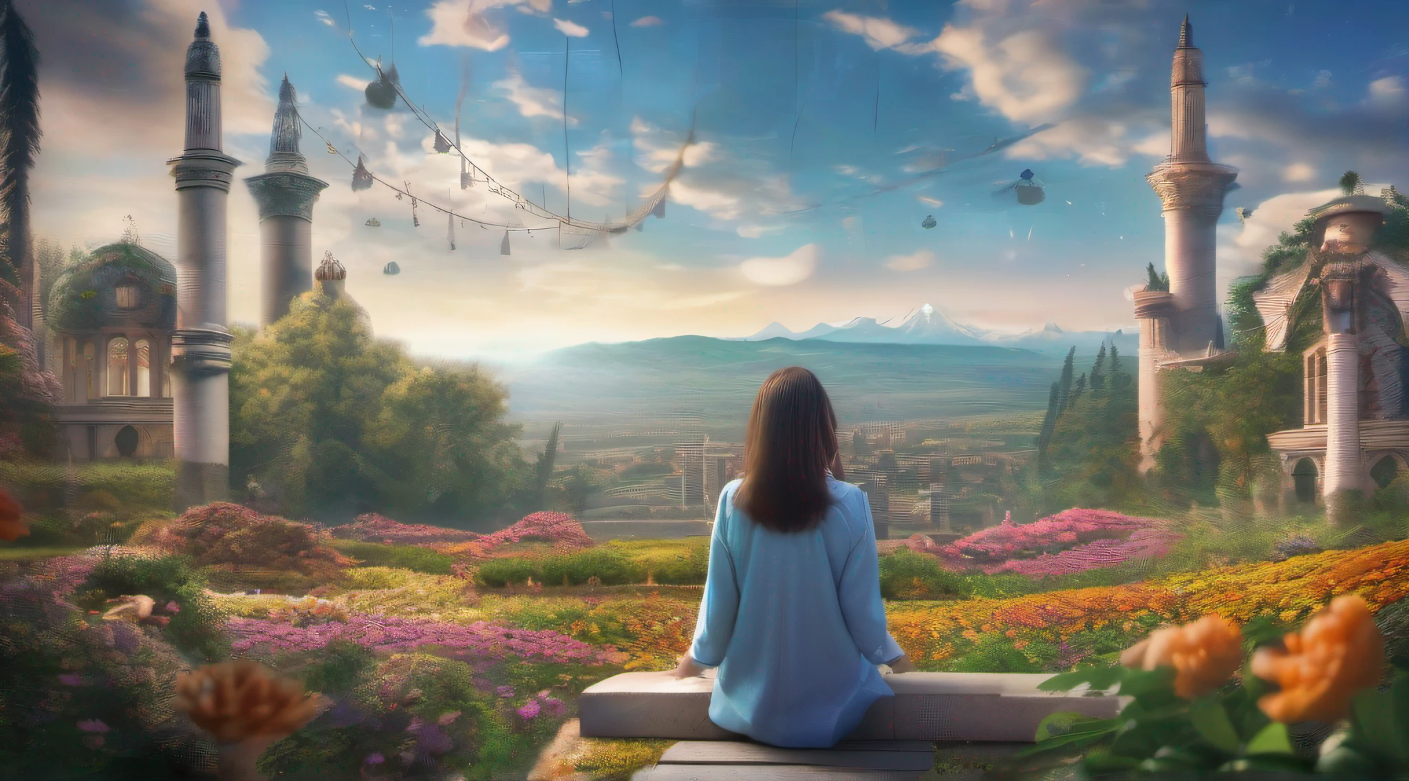 ccurate, best quality, masterpiece, UHD, high details, award winning, (Amazing:1.1), (Surrealism), Conceptual art, Verism, cinematic lighting, floating ruins in the sky, (((beautiful flower garden))), Horizon, blue sky, paradise scenery, flowers, wind flow, (((fantasy))), frontier, (magnificent space), blurry foreground, bokeh, Hasselblad, lens flare, beautiful school girl, (17 yr old), ((((full body)))), from behind, sitting, she is book reading, without looking at me, (((wearing school uniform))), black eyes, black hair, (floating hair), ((8 life size)), detailed hairstyles, detailed bodyline, anatomically correct,