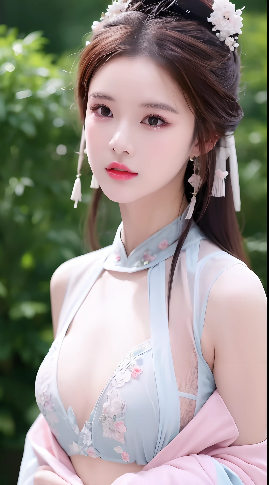 1 realistically beautiful girl, waist length hair, black eyes, ancient Ao Dai, style hanfu, wearing a thin silk shirt of ancient China, pink and smooth white skin, wearing a discreet ancient style ao dai, appears shoulders and head in the photo,cute little face, eye bags under wet makeup, plump red lips, pout, ((closed mouth:1.0)), balanced incisors, embarrassed, small face makeup detailed and very beautifull, The breasts are super round and tight, breast augmentation, blum boobs, Cover the girl's chest with a camisole inside, blush, from front, wear earrings, necklaces, from above, looking at viewer, upturned eyes, full body, masterpiece, top quality, best quality, official art, unity 8k wallpaper, highres, ultra-high res, ultra-detailed, (photorealistic:1.2), alone, solo, Only 1 girl, style hanfu Dunhuang, 10x pixels, super realistic, ultra high quality, full body view of the girl, upper body,