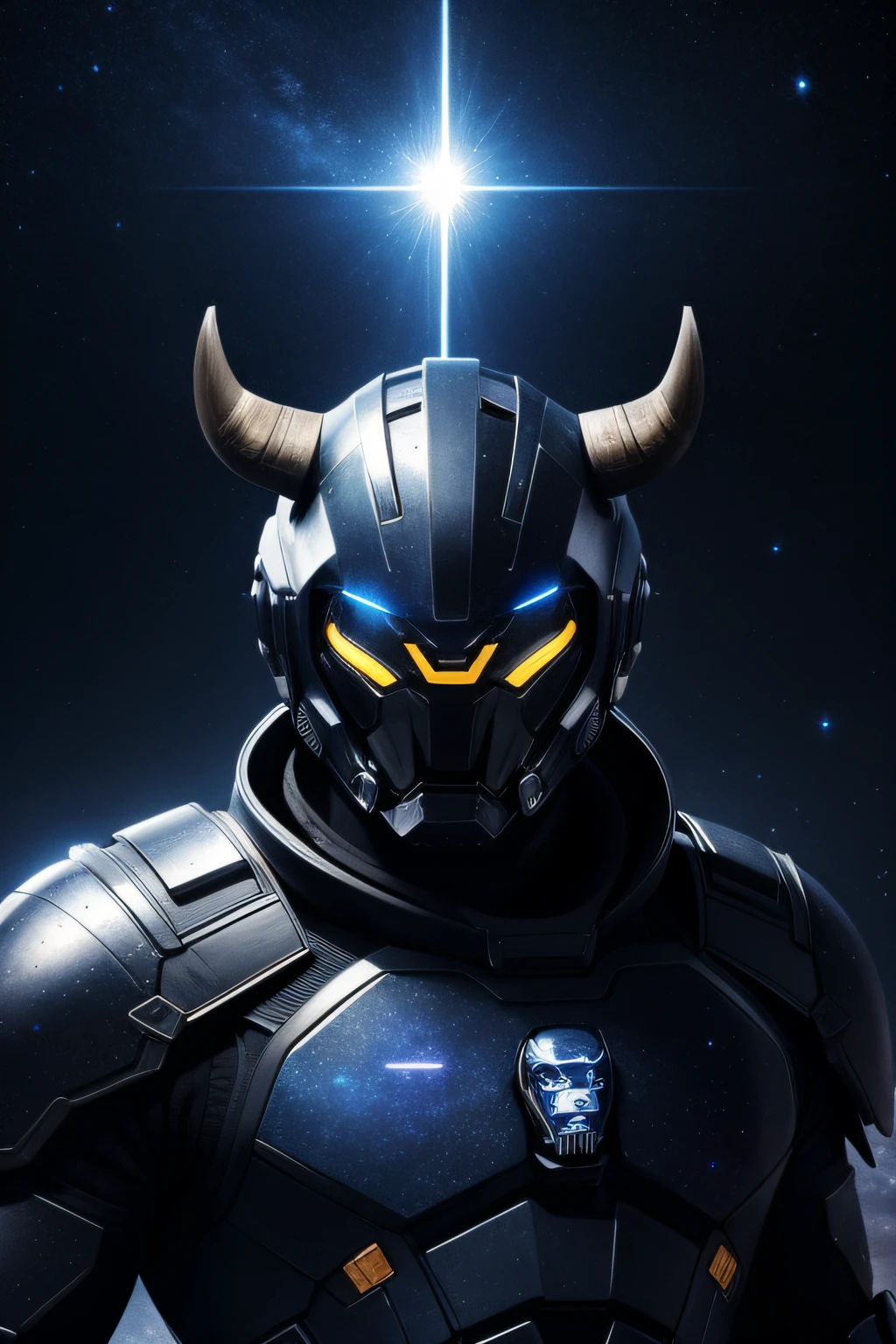 scifi-buffalo, human-body, buffalo-face, black-armor, galaxy-background