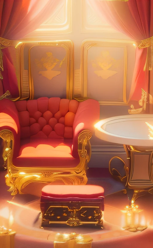 There was a room with chairs, A table, a chair, A table and a gift box, personal room background, videogame screenshot, Golden throne, interior scenes, gold throne, luxurious furniture, interior scenes, hight decorated, sitting in fancy chair, furnished with fairy furniture, Between two chairs above the toilet, Screenshots of internal gameplay, candy hospital room