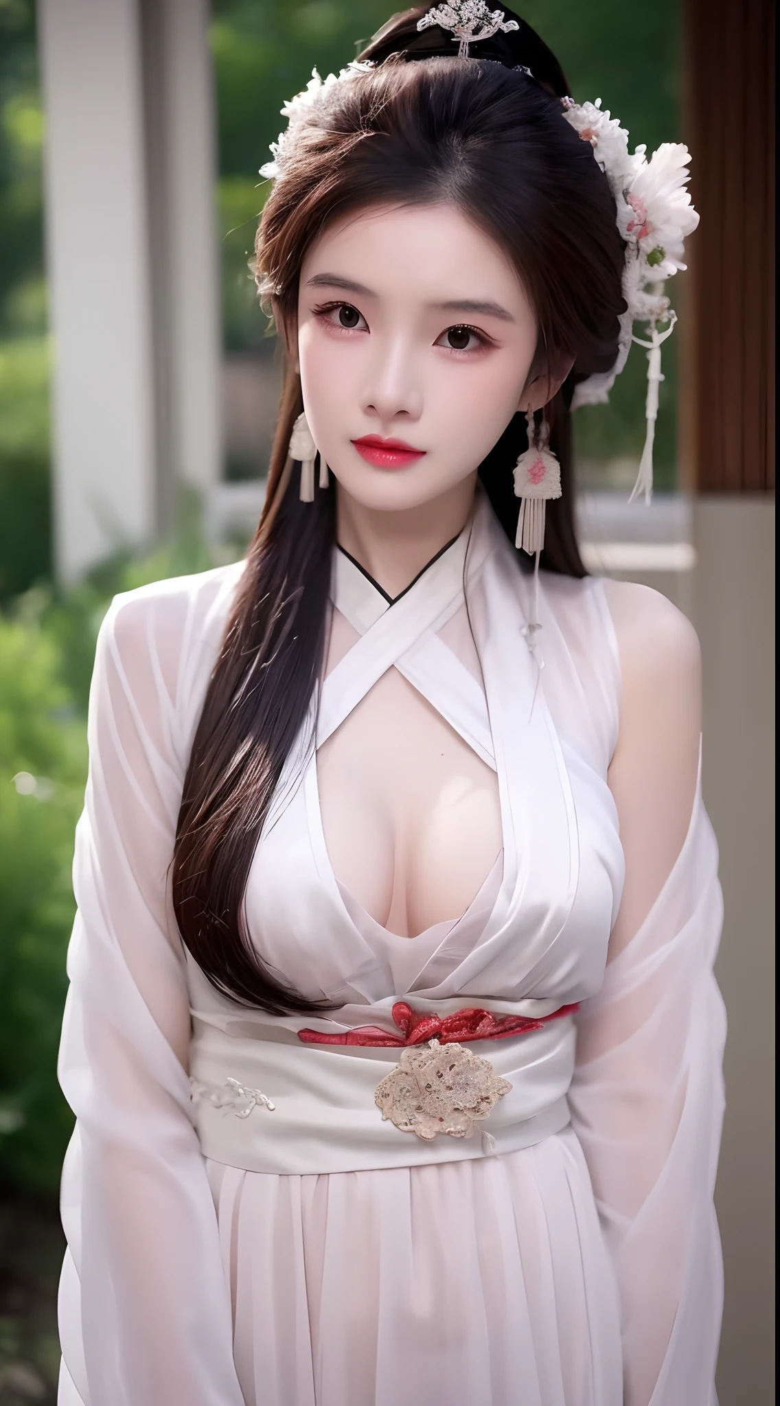 1 realistically beautiful girl, waist length hair, black eyes, ancient Ao Dai, style hanfu, wearing a thin silk shirt of ancient China, pink and smooth white skin, wearing a discreet ancient style ao dai, appears shoulders and head in the photo,cute little face, eye bags under wet makeup, plump red lips, pout, ((closed mouth:1.0)), balanced incisors, embarrassed, small face makeup detailed and very beautifull, The breasts are super round and tight, breast augmentation, blum boobs, Cover the girl's chest with a camisole inside, blush, from front, wear earrings, necklaces, from above, looking at viewer, upturned eyes, full body, masterpiece, top quality, best quality, official art, unity 8k wallpaper, highres, ultra-high res, ultra-detailed, (photorealistic:1.2), alone, solo, Only 1 girl, style hanfu Dunhuang, 10x pixels, super realistic, ultra high quality, full body view of the girl, upper body,