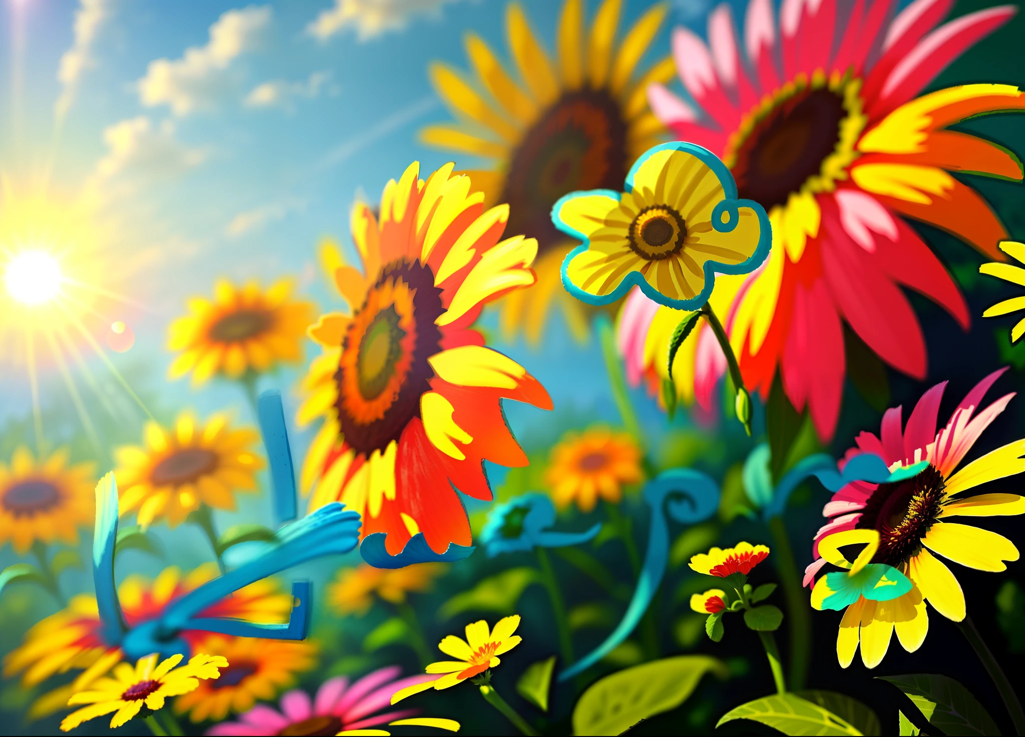 Best quality, Masterpiece, Sunshine, Many colorful flowers, Nature,