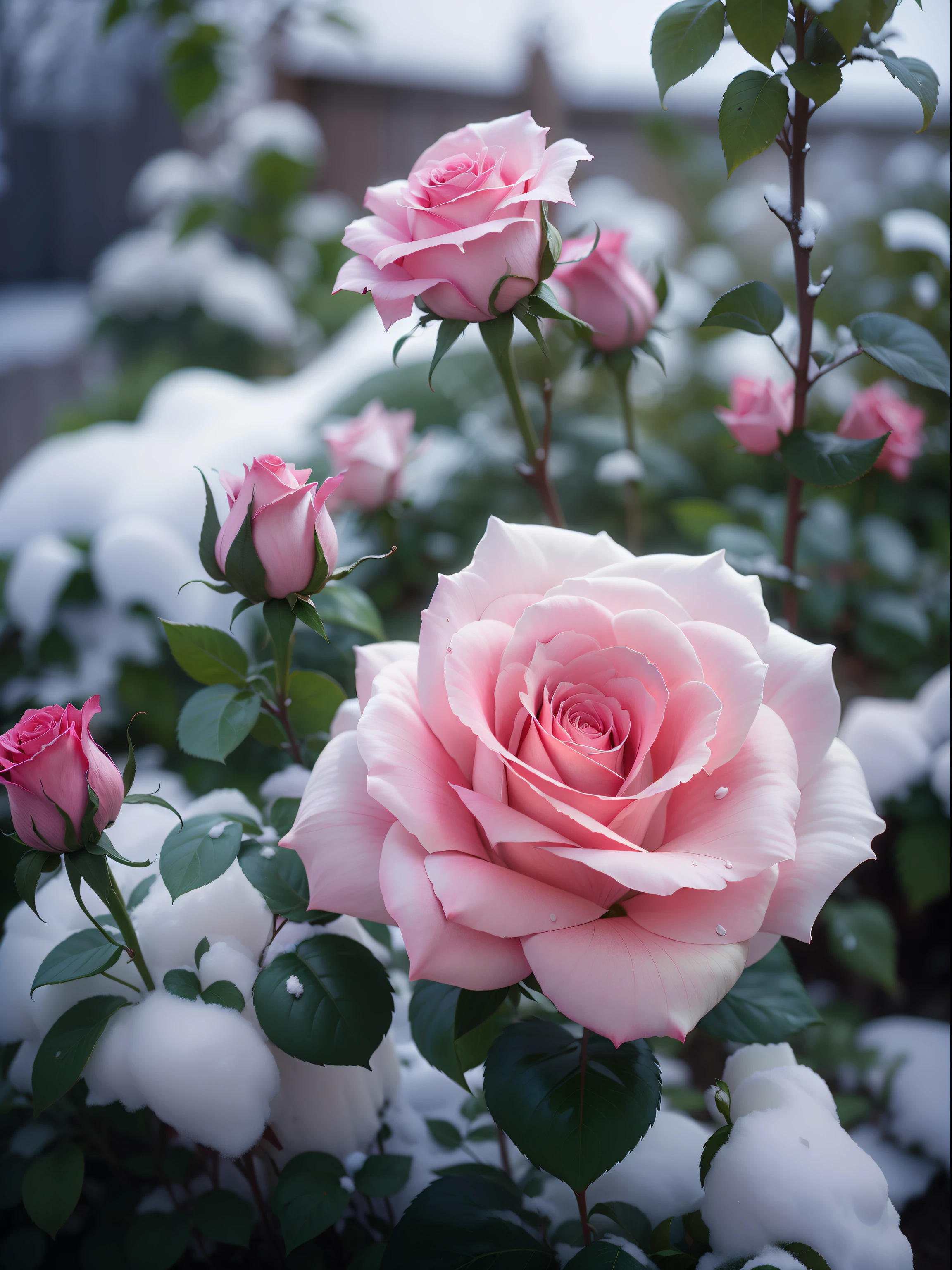 Pink roses grow on the bushes, Leaves and petals are covered with dust and snow,Shot with Canon 35mm lens, photo of a rose, taken with a pentax k1000, Shot with Pentax 1000, Two 5-mm ports, Shot at Kodak Portra, Rose Twinings, Pink Rose, 35mm shot