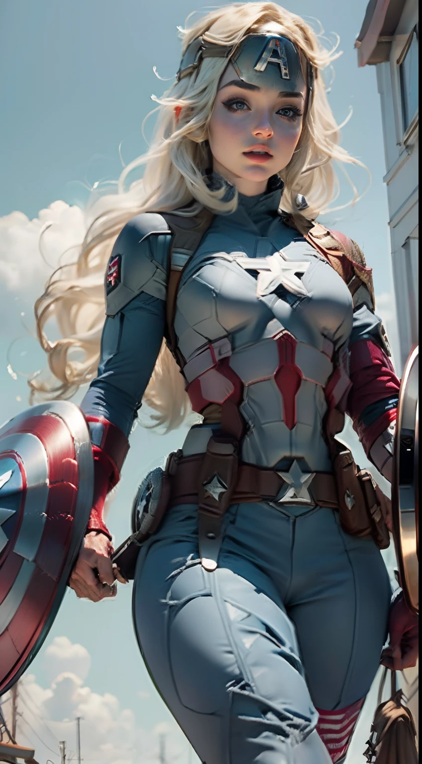 Mulher bonita cabelo branco longo, corpo definido seios grandes, (((vestindo cosplay de captain america)))