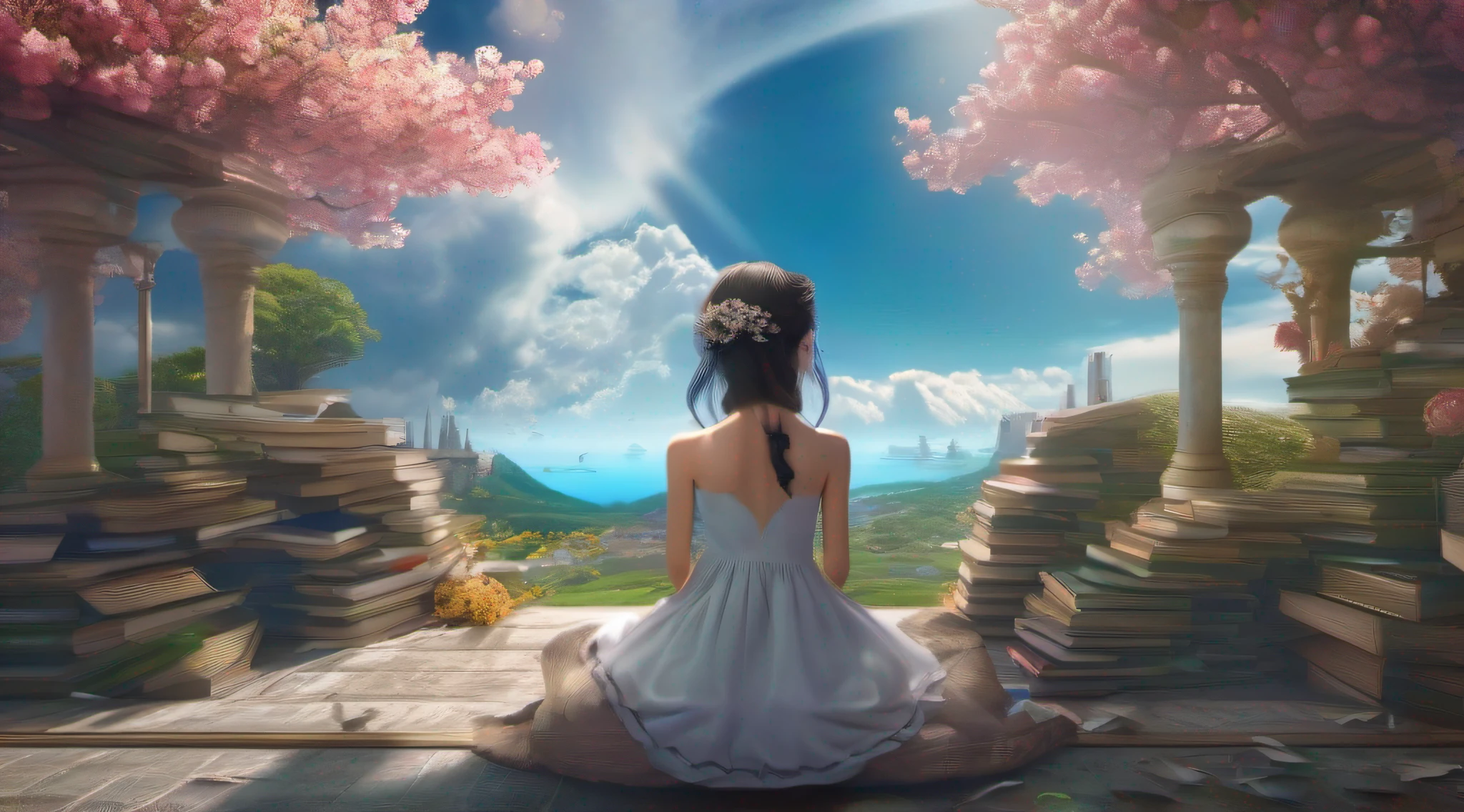 ccurate, best quality, masterpiece, UHD, high details, award winning, (Amazing:1.1), (Surrealism), Conceptual art, Verism, cinematic lighting, floating ruins in the sky, (((beautiful flower garden))), Horizon, blue sky, paradise scenery, flowers, wind flow, (((fantasy))), frontier, (magnificent space), blurry foreground, bokeh, Hasselblad, lens flare, beautiful school girl, (17 yr old), ((((full body)))), from behind, sitting, she is book reading, without looking at me, (((wearing school uniform))), black eyes, black hair, (floating hair), ((8 life size)), detailed hairstyles, detailed bodyline, anatomically correct,