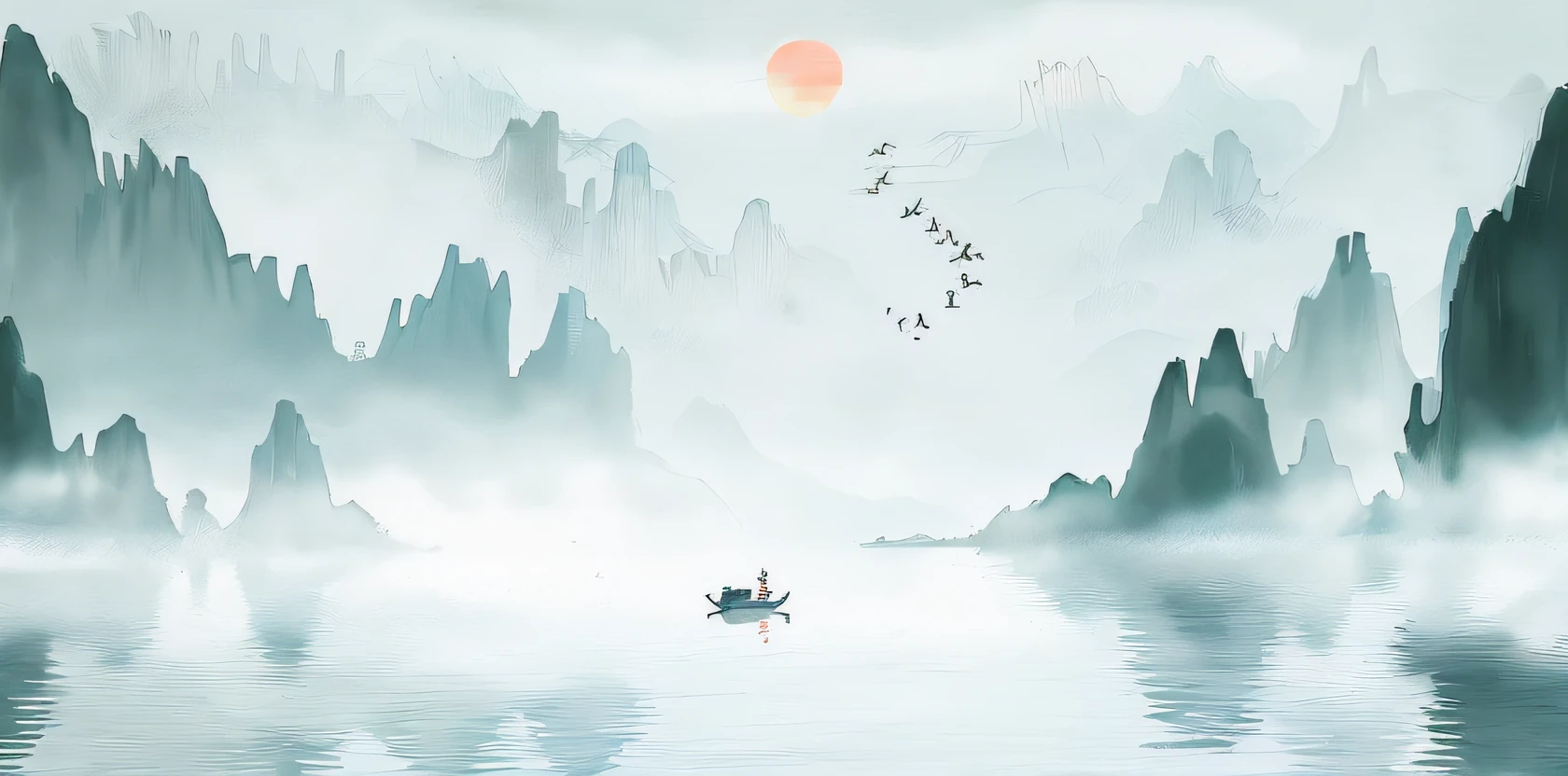 There was a boat floating in the water，Birds fly on it, in a serene landscape, Chinese landscape, Chinese style painting, serene illustration, Inspired by Ma Yuan, Chinese painting style, peaceful scenery, Chinese watercolor style,serene scene, inspired by Xie Shichen, peaceful scene, China ink painting