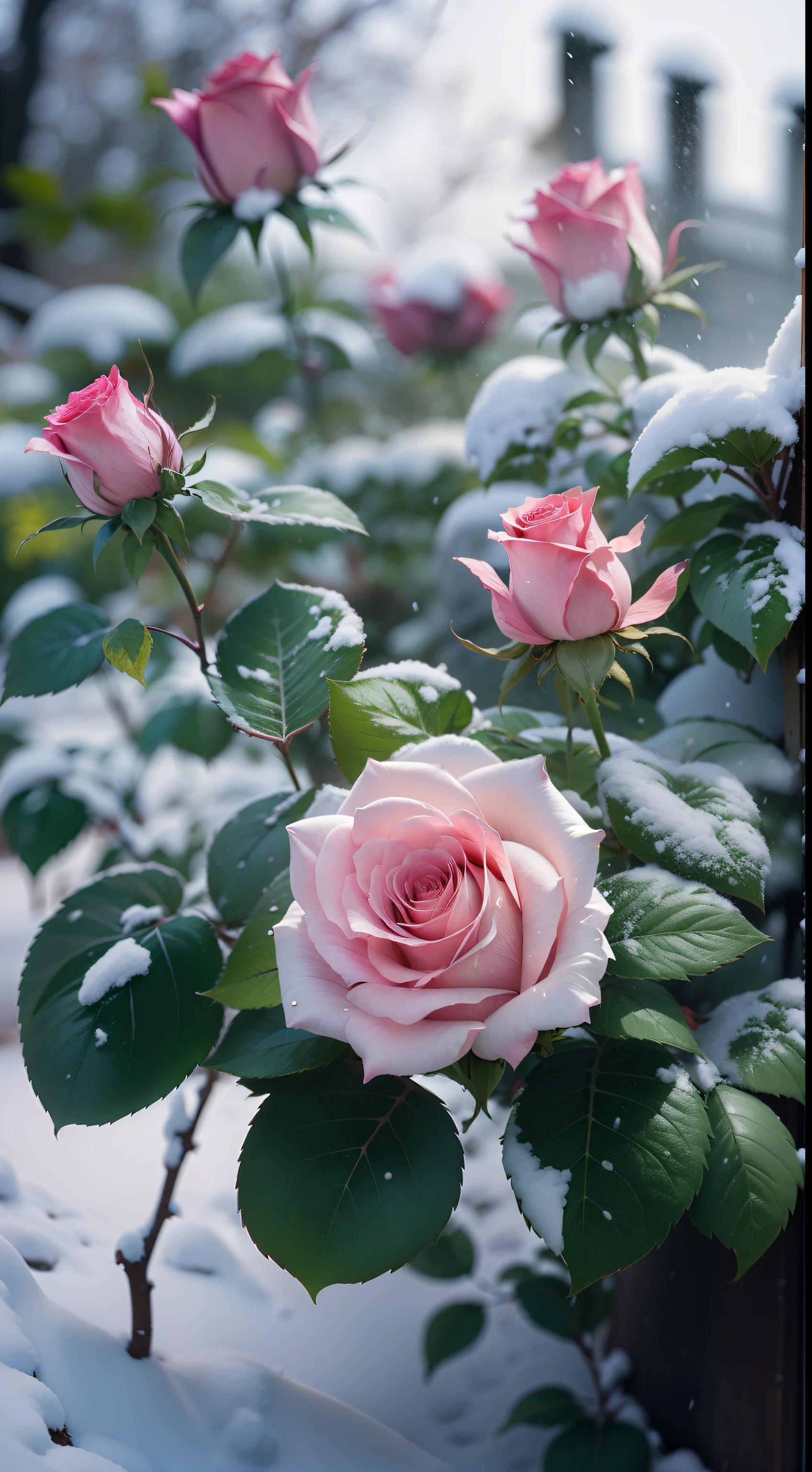 Pink roses grow on the bushes, Leaves and petals are covered with dust and snow,Shot with Canon 35mm lens, photo of a rose, taken with a pentax k1000, Shot with Pentax 1000, Two 5-mm ports, Shot at Kodak Portra, Rose Twinings, Pink Rose, 35mm shot