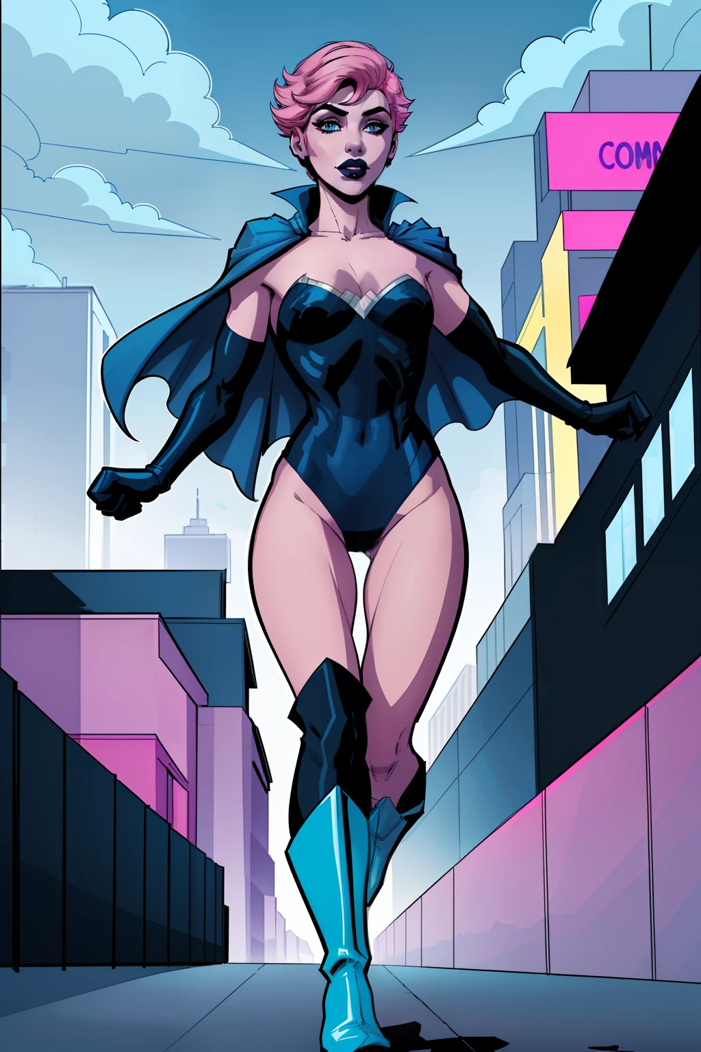 woman, running, outside, city street in background, pale blue eyes, detailed short pink hair Short Side Comb haircut, exited expression, black lipstick, small tits, wearing a blue swimsuit, blue gloves, blue tall boots, blue cape, comic book style, flat shaded, prominent comic book outline linework