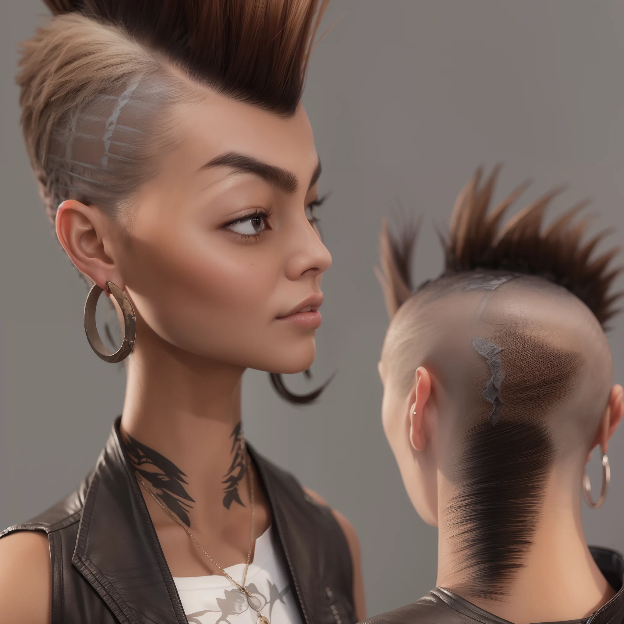 Uma mulher bonita olhando para a tela, cabelo mohawk deslumbrante. Realistic,  8k