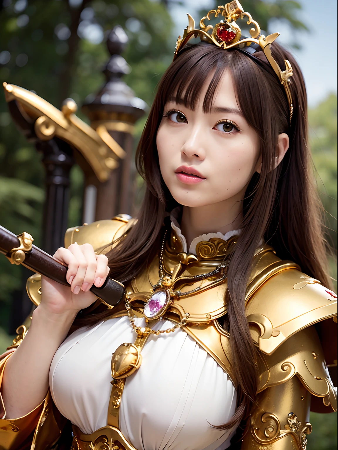 (masutepiece), Professional , ​masterpiece、top-quality、photos realistic , depth of fields （Gemstone Silver Metal Body:1.９),(Matte yellow、Jewel Gold Weapon、（Gorgeous castle background）、（Jewel Metal Body:1.４),Gorgeous Jewel Metal Weapons , Detailed Sword of the Brave ,（ Soldier background in metal armor）   ,warhammer 40k , adepta sororitas,Detail and ornate jewel crown、独奏、Brown hair、（Gangle's forest background）、Beautiful Caucasian beauty、１a person、dynamic ungle,(((Diamond tiara with detail and luxury)))、a small face、A smile、Powerful poses、（Gorgeous castle background）、huge filesize、20 year old beautiful woman、Stand in the center of the screen、Thin female fingers、Straight long hair、Beautiful Caucasian beauty、