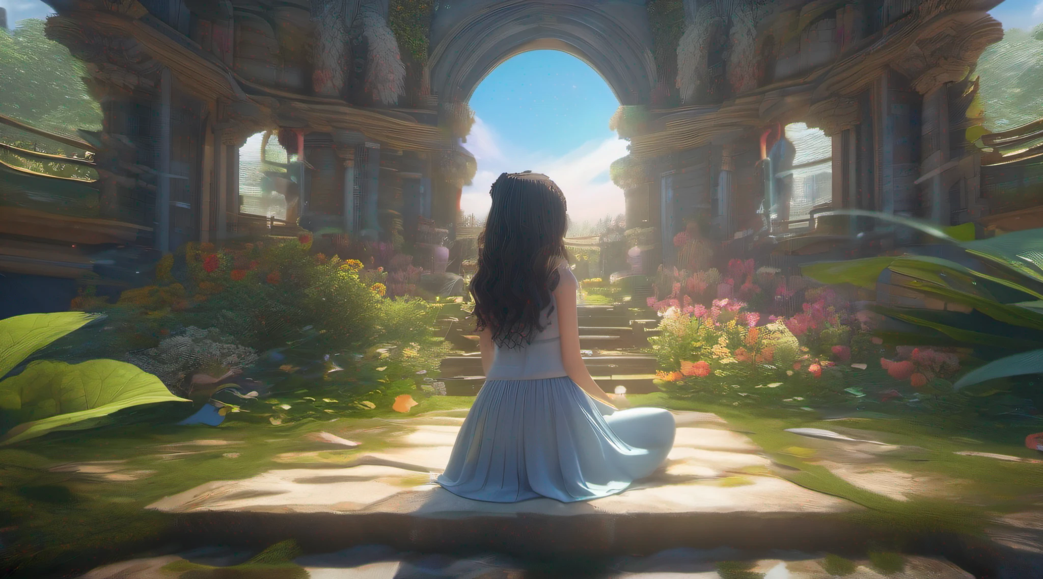 ccurate, best quality, masterpiece, UHD, high details, award winning, (Amazing:1.1), (Surrealism), Conceptual art, Verism, cinematic lighting, floating ruins in the sky, (((beautiful flower garden))), Horizon, blue sky, paradise scenery, flowers, wind flow, (((fantasy))), frontier, (magnificent space), blurry foreground, bokeh, Hasselblad, lens flare, beautiful school girl, (17 yr old), ((((full body)))), from behind, sitting, she is book reading, without looking at me, (((wearing school uniform))), black eyes, black hair, (floating hair), ((8 life size)), detailed hairstyles, detailed bodyline, anatomically correct,