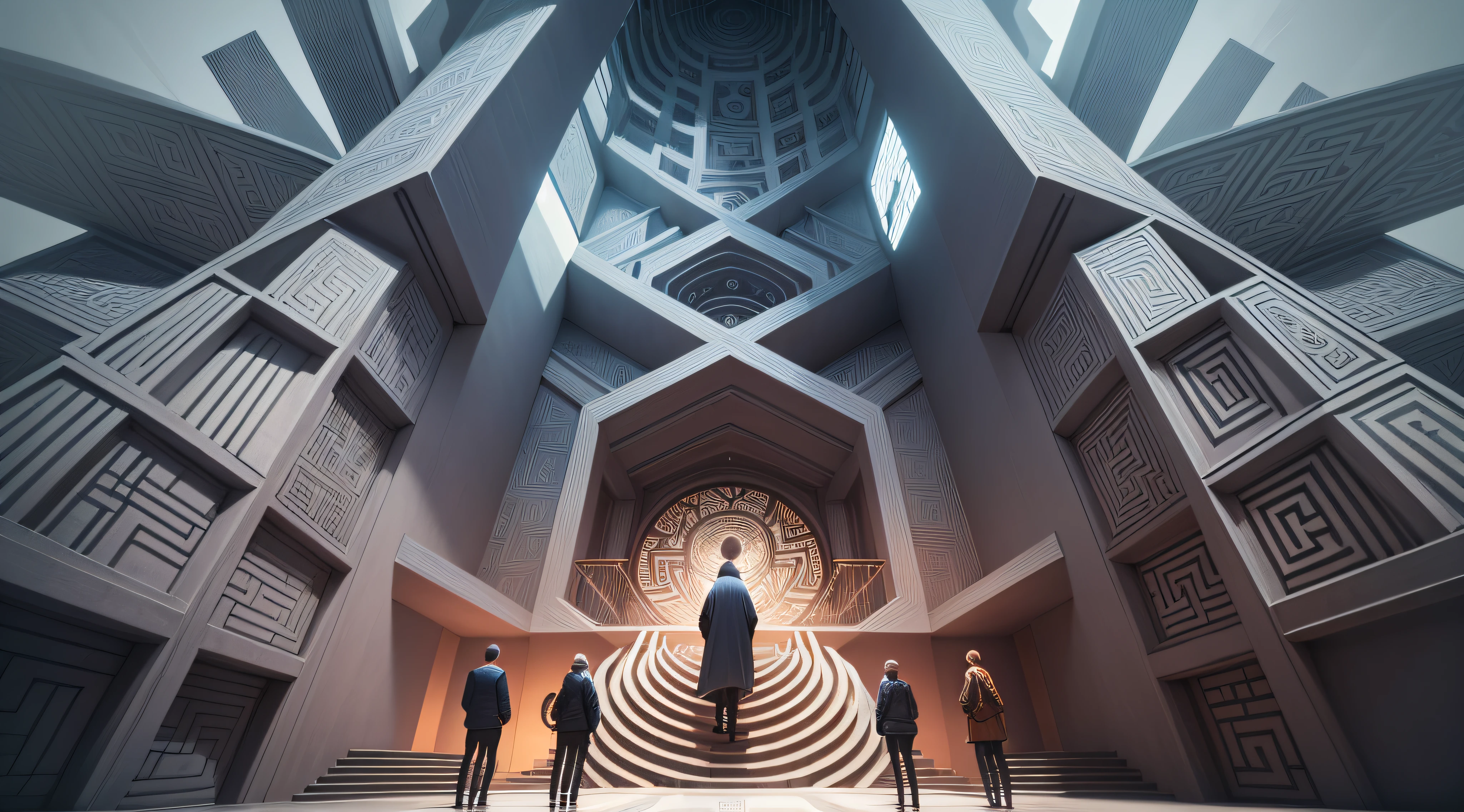 An illustration of a complex labyrinth with several branches, representing a divergent narrative. Inspired by MC Escher's art style, the maze features intricate lines and illusory perspectives. With a vibrant and contrasting color palette, the maze conveys the idea of different paths to explore. The facial expressions of the characters within the maze are one of surprise and curiosity. The lighting is bright and the atmosphere is one of discovery and challenge.--v 5 --stylize 1000 --auto --s2
