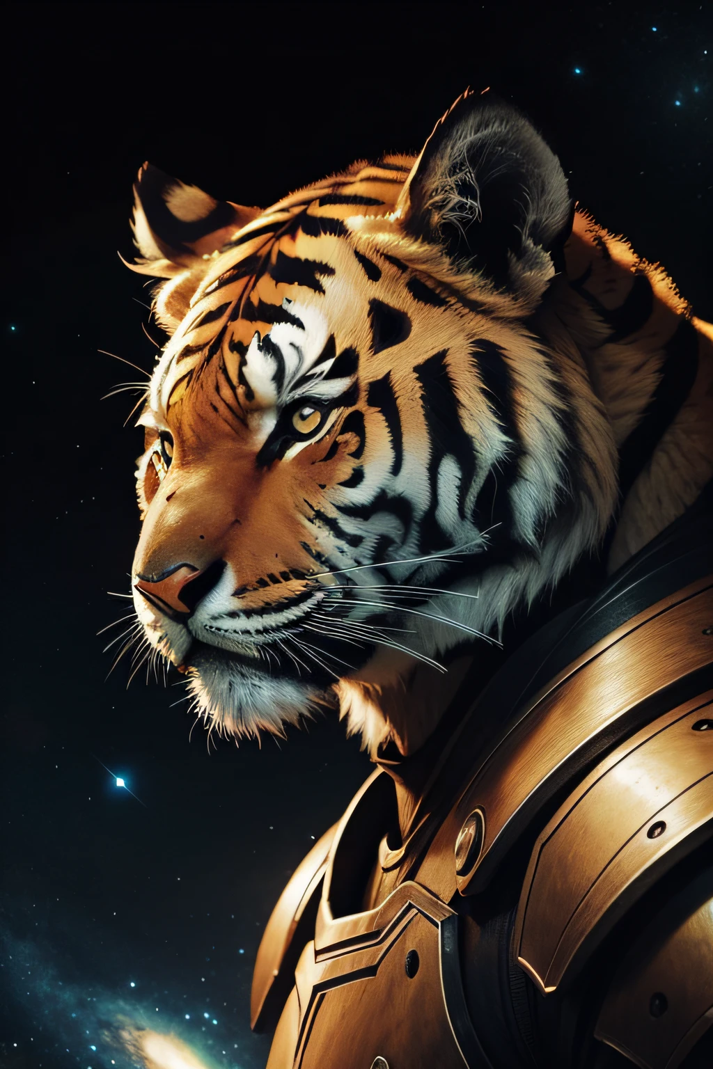 scifi-tiger, human-body, tiger-face, black-armor, galaxy-background