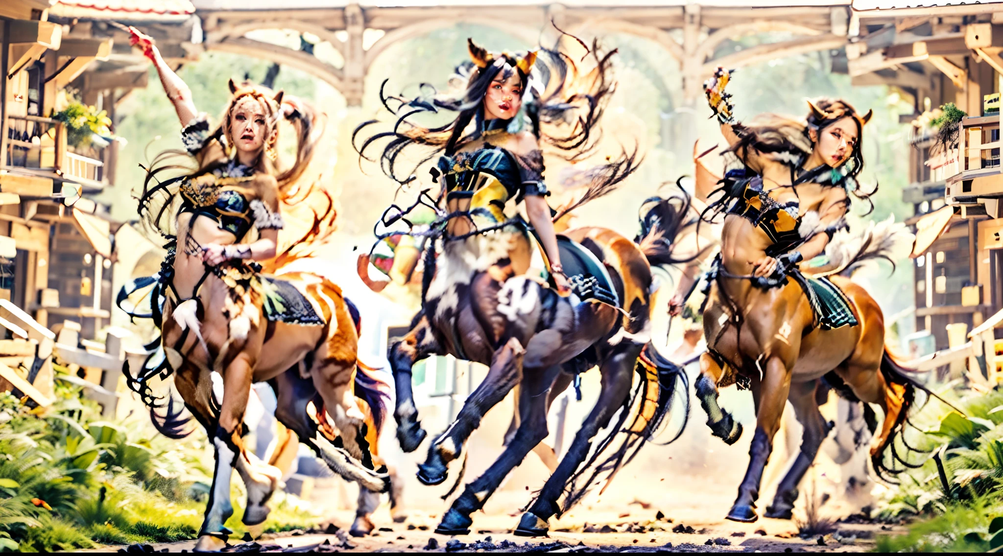 In the beautiful illustration of this super-grand scene，The ultra-distant lens shows us（Over eight separate and distinctive centaur characters：9.9），They all have their own characteristics，Vivid and interesting。Radiant from the heavens（Angelic centaurs：6.6），To nightmarish is（Centaurs surrounded by flames：6.6）、And then to the wind dancing in the air（Fairy centaurs：6.6）、And thunder and lightning surrounding（One-horned centaur：6.6），and shining metallic ones（Mechanical style centaur：6.6）、And then（A centaur with colorful dragon scales covering the whole body：6.6）The power is powerful、Elegant and agile（Elf centaur's slenderness：6.6）Gracefully wears a flower crown、Enchanting and charming（Tiflin centaurs：6.6）、Have the indescribable（Raised sexy：6.6）'s（Succubus centaurs：6.6）。Each character has their own unique charms and abilities。The illustration uses advanced artistic techniques and tools，（Divide the scene into sections by geometric arrangement：9.9），Each section corresponds to a centaur character，This makes more efficient use of space。Through Midjourney's advanced brush tools、Color palette、Material packs and model packs、Texture tools，For each centaur, beautiful props are designed to increase racial characteristics、Clothing and physical features，（Enhances the character's personality and visual appeal：2.5），The scenery in the illustrations is stunning，There are changing skies、rainbowing、extreme light、Stars and Moon。Incorporating iconic landmarks such as Mount Everest，and fireworks、tranquil lake、Natural and urban elements of waves and neon lights，Creates a magical atmosphere，The centaurs display their unique abilities and equipment in a variety of environments，This is true even in extreme alien landscapes。（Use Midjourney's tools、Material packs、Texture tools、The color palette makes depicting details vivid and realistic：9.9），From complex hairstyles and as well as different racial traits、Body、Appearance features、Clothing to real textures，This greatly enhances the realism of the cha