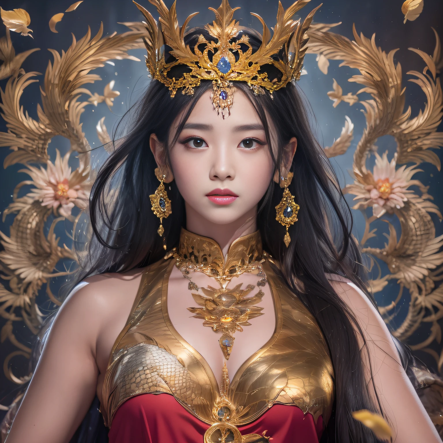 32K(tmasterpiece,k hd,hyper HD,32K)Realistic young gravure idol,Long flowing black hair,Gold-scattered jewelry area in the back room,Female king ,Golden Dragon Protector (realisticlying:1.4),Python pattern red robe,Purple-pink tiara,The petals flutter,The background is pure,Hold your head high,Be proud,The nostrils look at people, A high resolution, the detail, RAW photogr, Sharp Re, Nikon D850 Film Stock Photo by Jefferies Lee 4 Kodak Portra 400 Camera F1.6 shots, Rich colors, ultra-realistic vivid textures, Dramatic lighting, Unreal Engine Art Station Trend, cinestir 800,Hold your head high,Be proud,The nostrils look at people