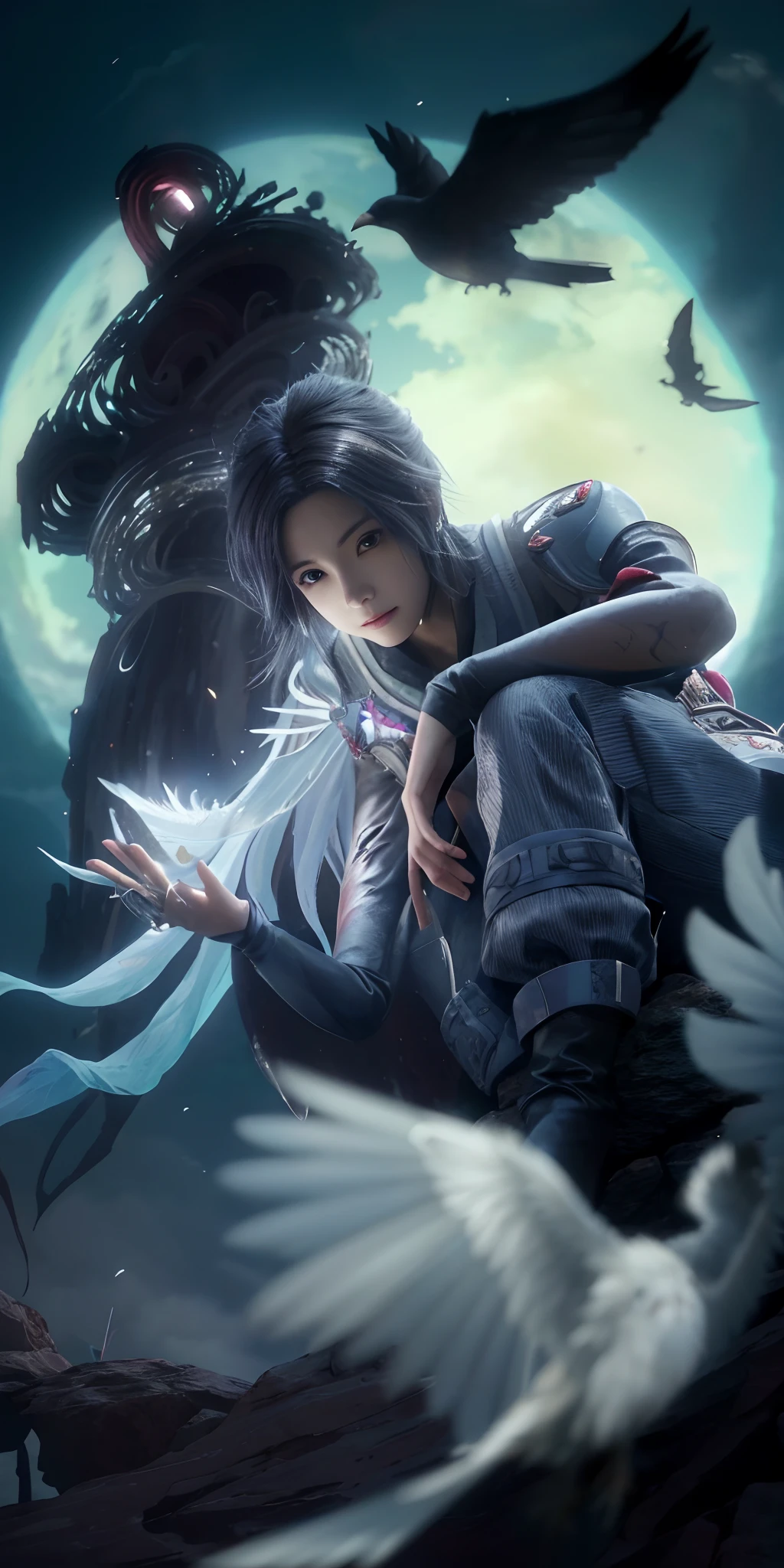 Anime girl sitting on rock,There is a bird flying in the background, 2. 5 D CGI anime fantasy artwork, Anime fantasy artwork, author:Julian, Anime fantasy illustration, Anime epic artwork, hd anime wallaper, anime wallaper, author:Qu Leilei, anime styled digital art, style of anime4 K, Smooth anime CG art, anime wallpaper