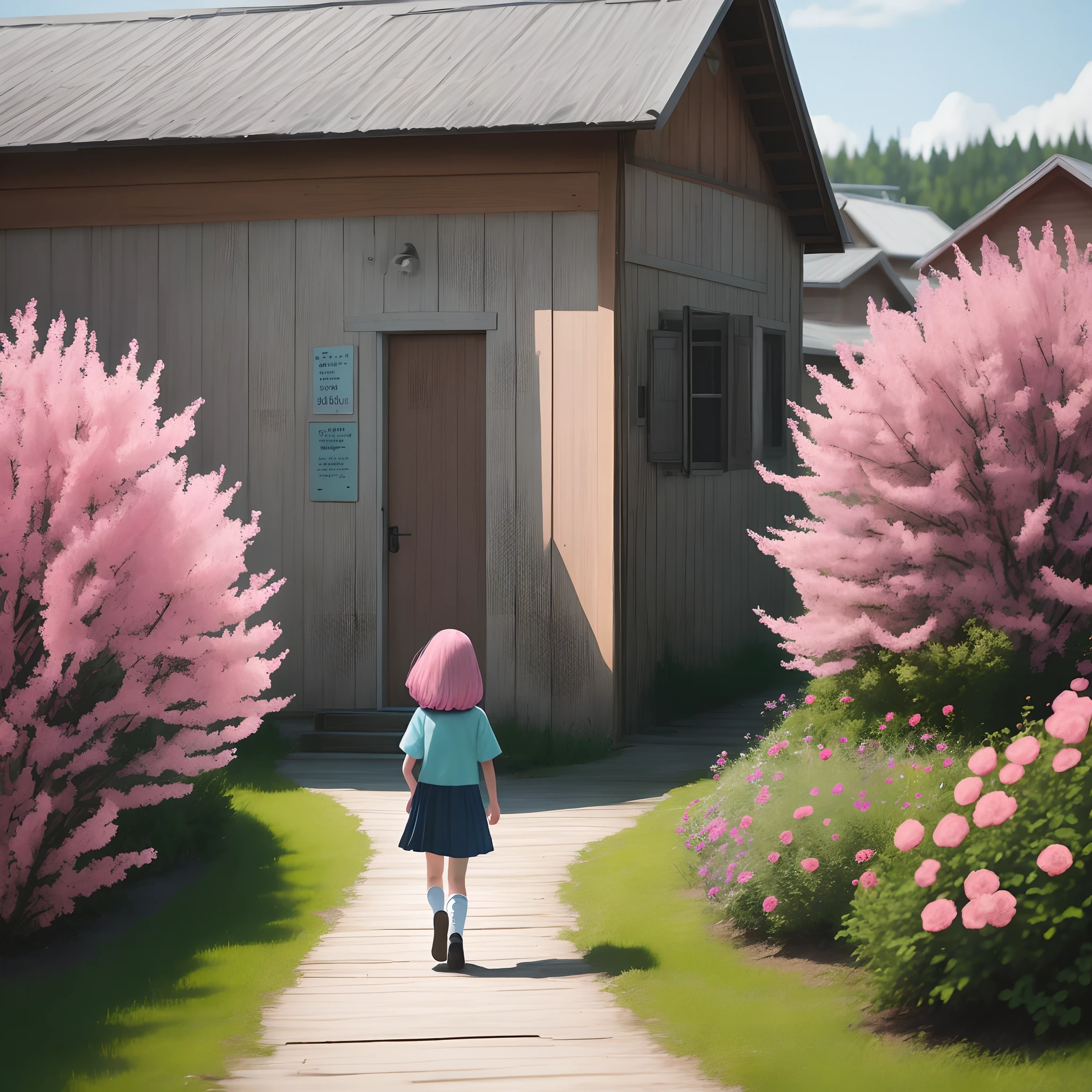 A sea of pink flowers,The girl's small figure is walking towards the cabin