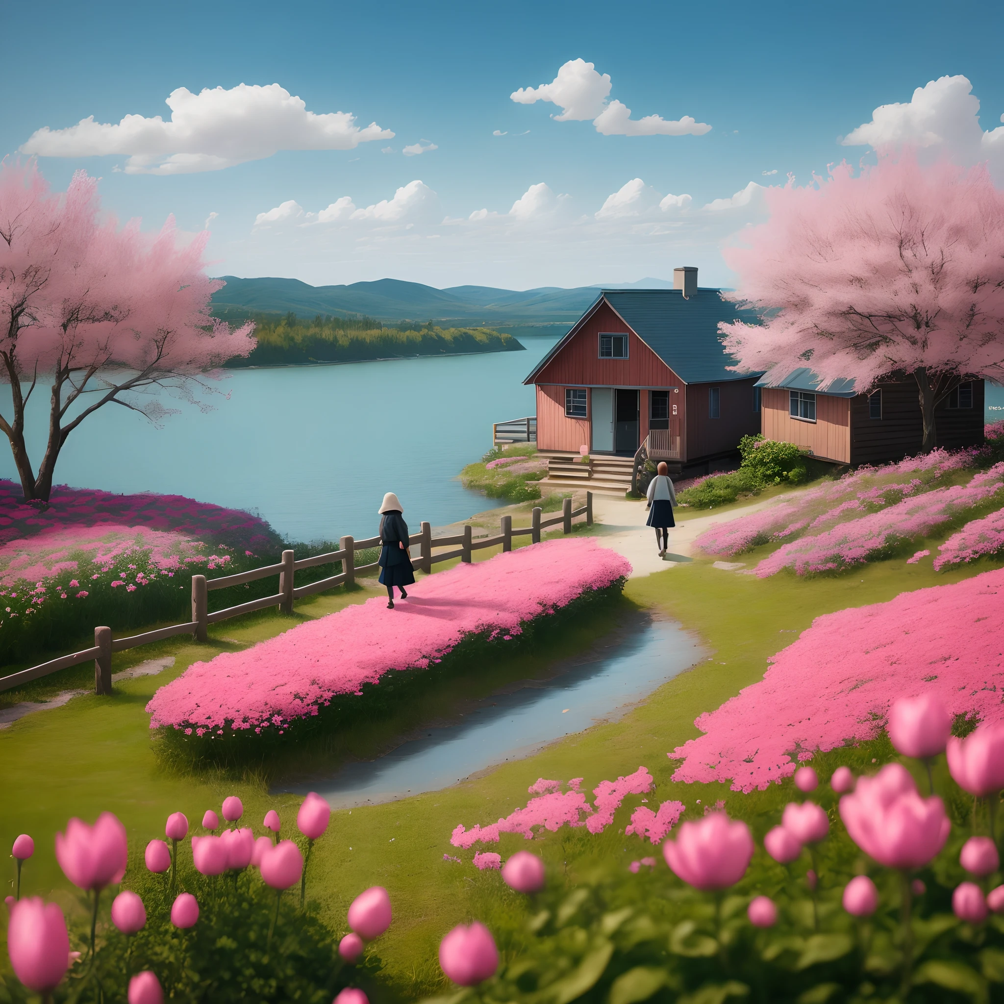 A sea of pink flowers，The girl's small figure is walking towards the cabin
