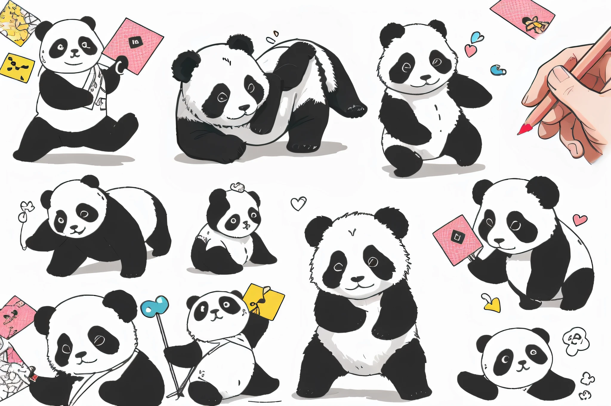 Color Illustration, Cute baby panda doing various moves, Anthropomorphic panda, Panda dressed in a variety of clothes, Sticker Configuration
