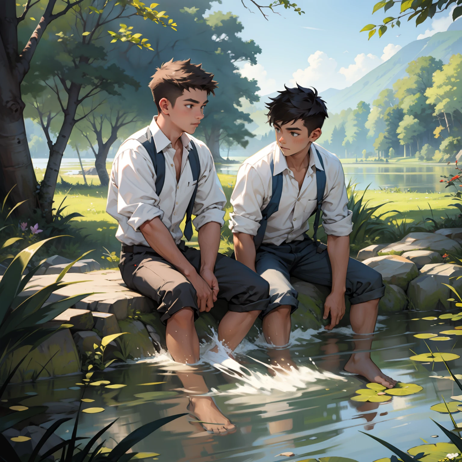 Two boys，lake water