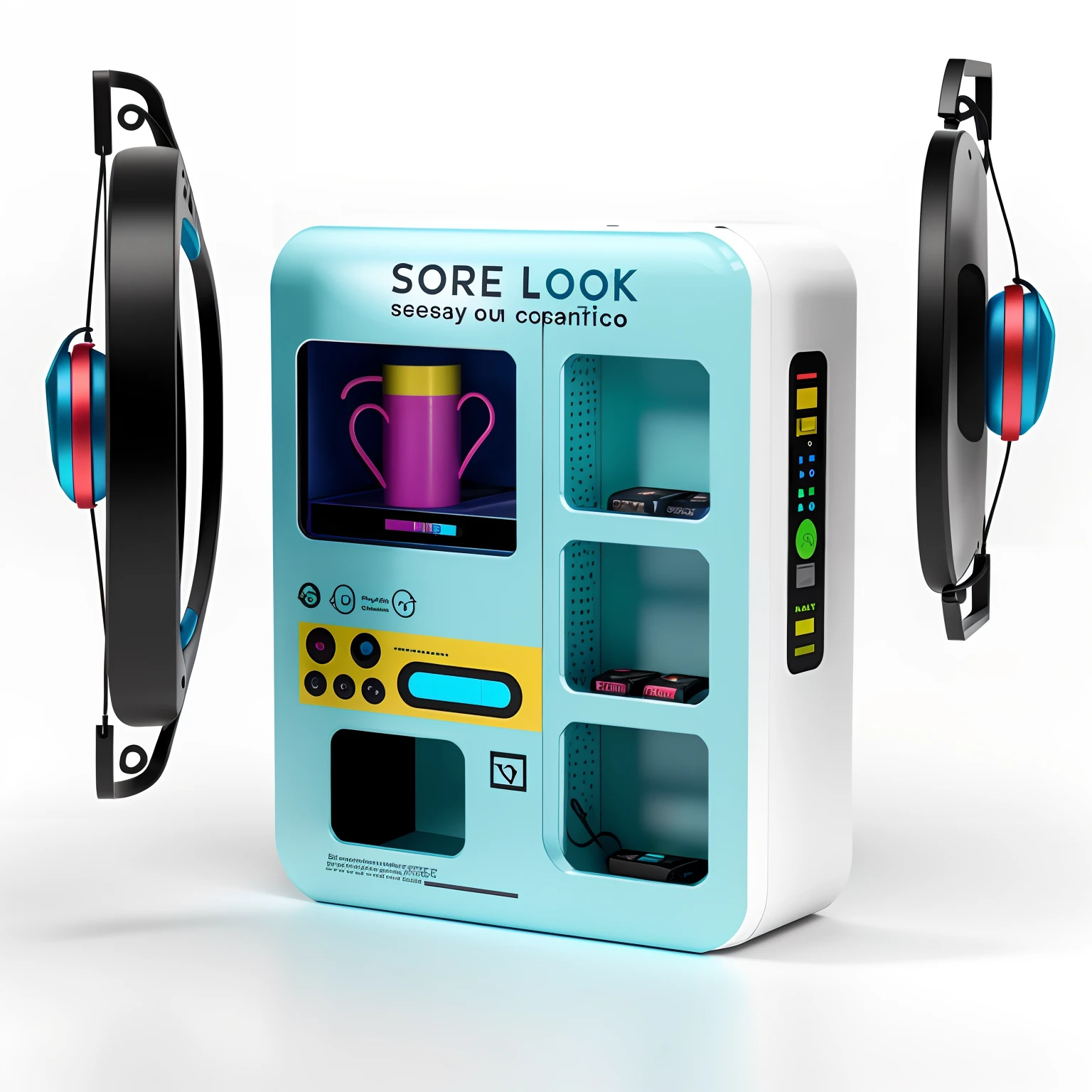 Close-up of toy with display,The body has elements of wired headphones,vending machines,sci-fi vending machine,3D product render,There can be some specific description scenes on the machine,por exemplo, Someone goes to a vending machine to buy headphones or Bluetooth headsets, etc,or describe the purchase of headphones,Some combinations of foil scene elements, Product rendering,Stylistic references attract attention,Bright,A representative element of sunshine fashion,There are reasonable ones on the fuselage, For example, Someone goes,Buy something, etc,The overall color is mainly black and blue,Color distribution is 50 each%,Wish there were more elements,A little diversified,Fewer colors,The cargo hold is noticeably clearer