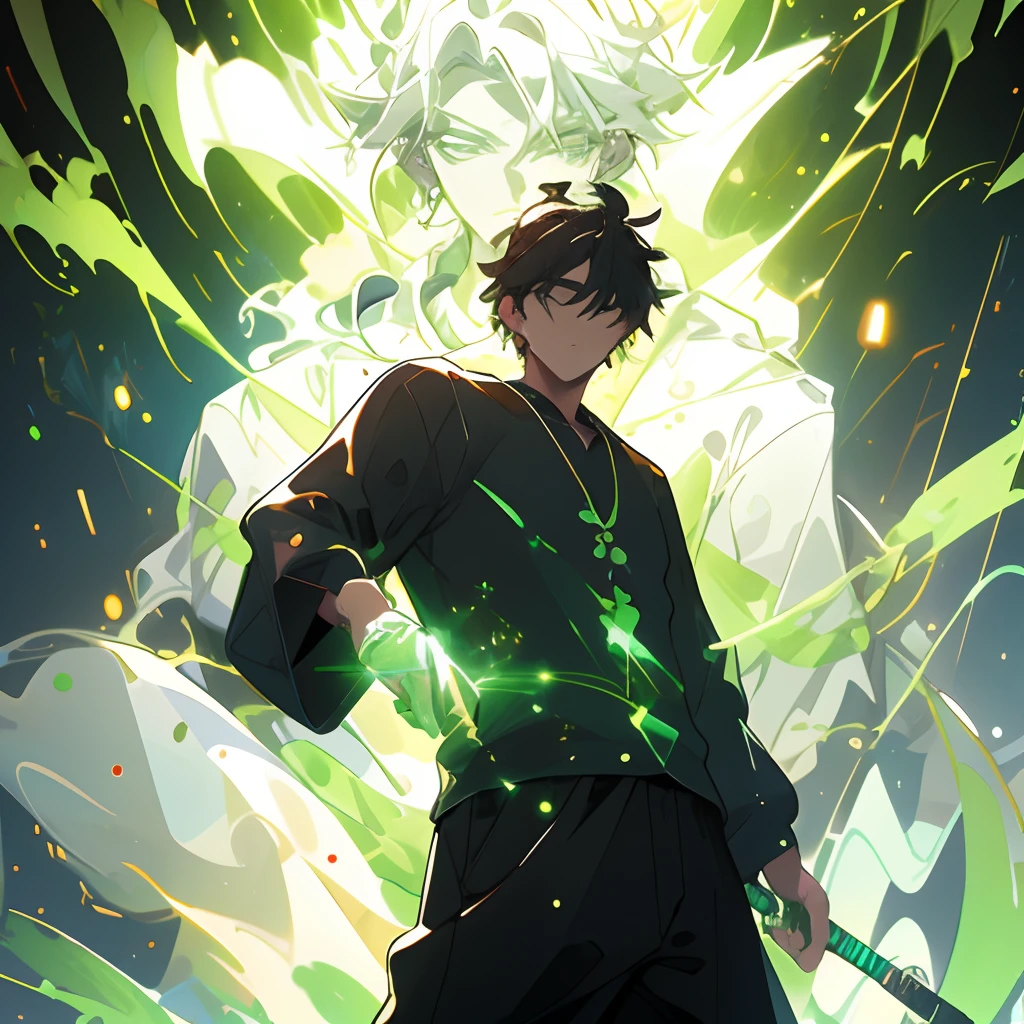 ，（tmasterpiece：1.2），best qualityer，PIXIV，Taoist，
Standing in front of the green light Buddha statue, a boy wearing a black sweatshirt with short black hair and black sweatshirt，cleanness，