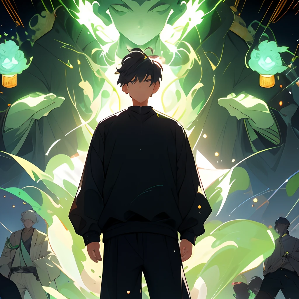 ,(tmasterpiece:1.2),best qualityer,PIXIV,Taoist,
Standing in front of the green light Buddha statue, a boy wearing a black sweatshirt with short black hair and black sweatshirt,cleanness,