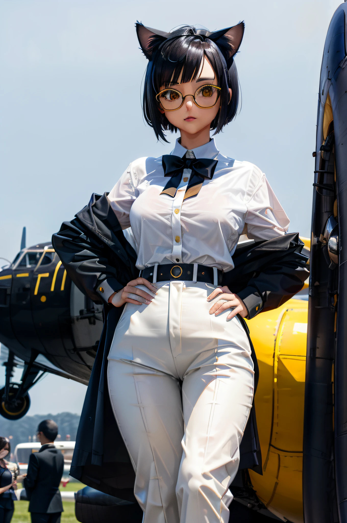 1girl, short black bob hair, yellow eyes, Round glasses, light tan skin, petite body, wearing plain white formal work shirt, wearing long dark pants, airplane, absurdres, high res, ultrasharp, 8k, masterpiece, looking at viewer, cat ears, airline pilot, black tie, airplane background