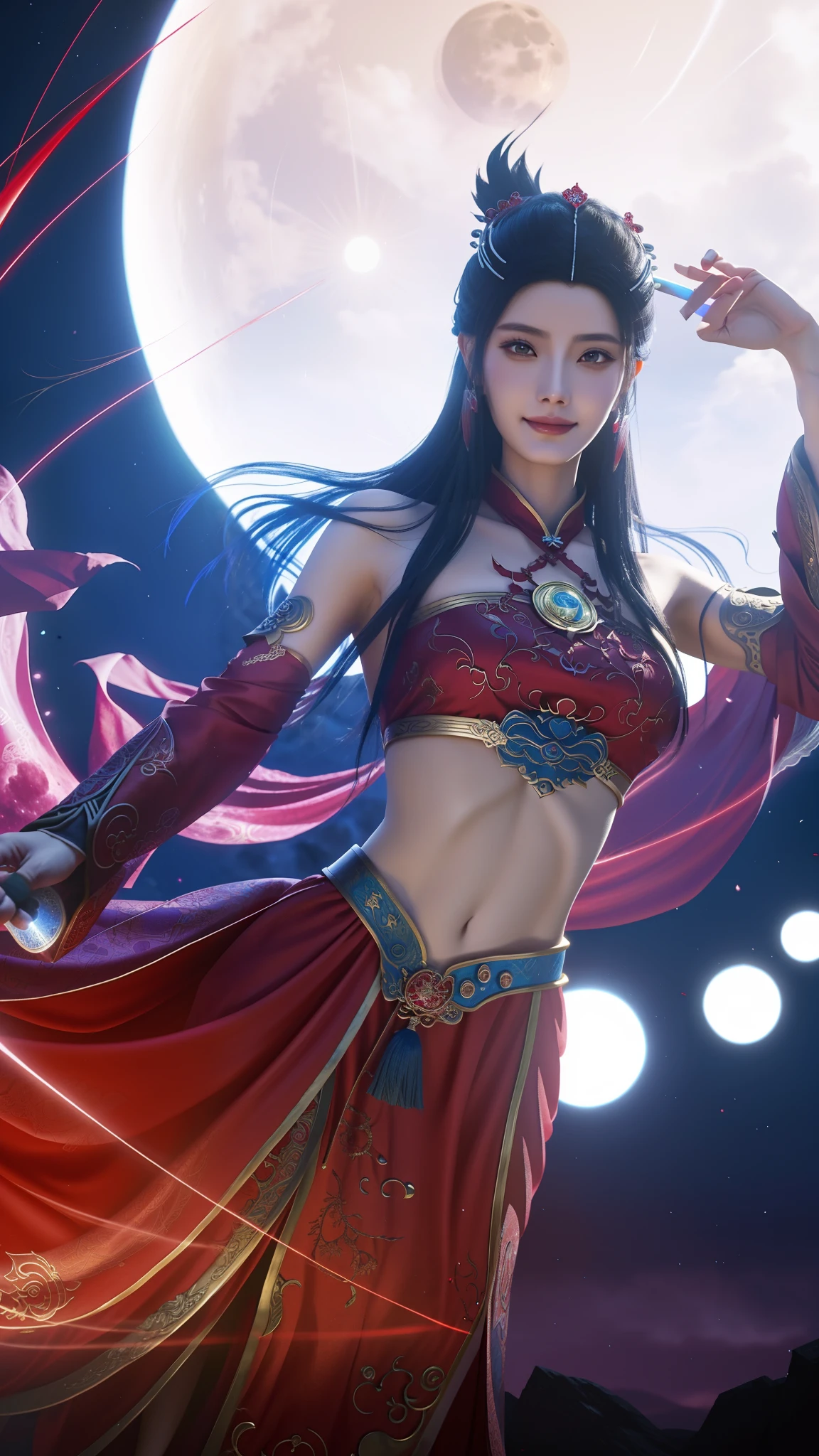 An Arad woman dressed in red holds a sword before the full moon, a beautiful fantasy empress, Fantasy Woman, xianxia fantasy, Beautiful celestial mage, 2. 5 D CGI anime fantasy artwork, full-body xianxia, digital fantasy art ), beautiful female witch, Ruan Jia and Artgerm, High quality fantasy art,seduct smile