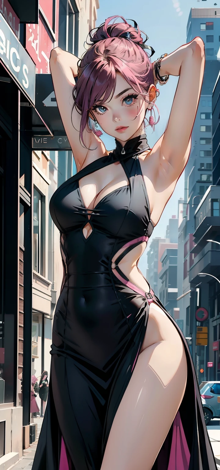 discreet dress, black dress, pink hair, dancer